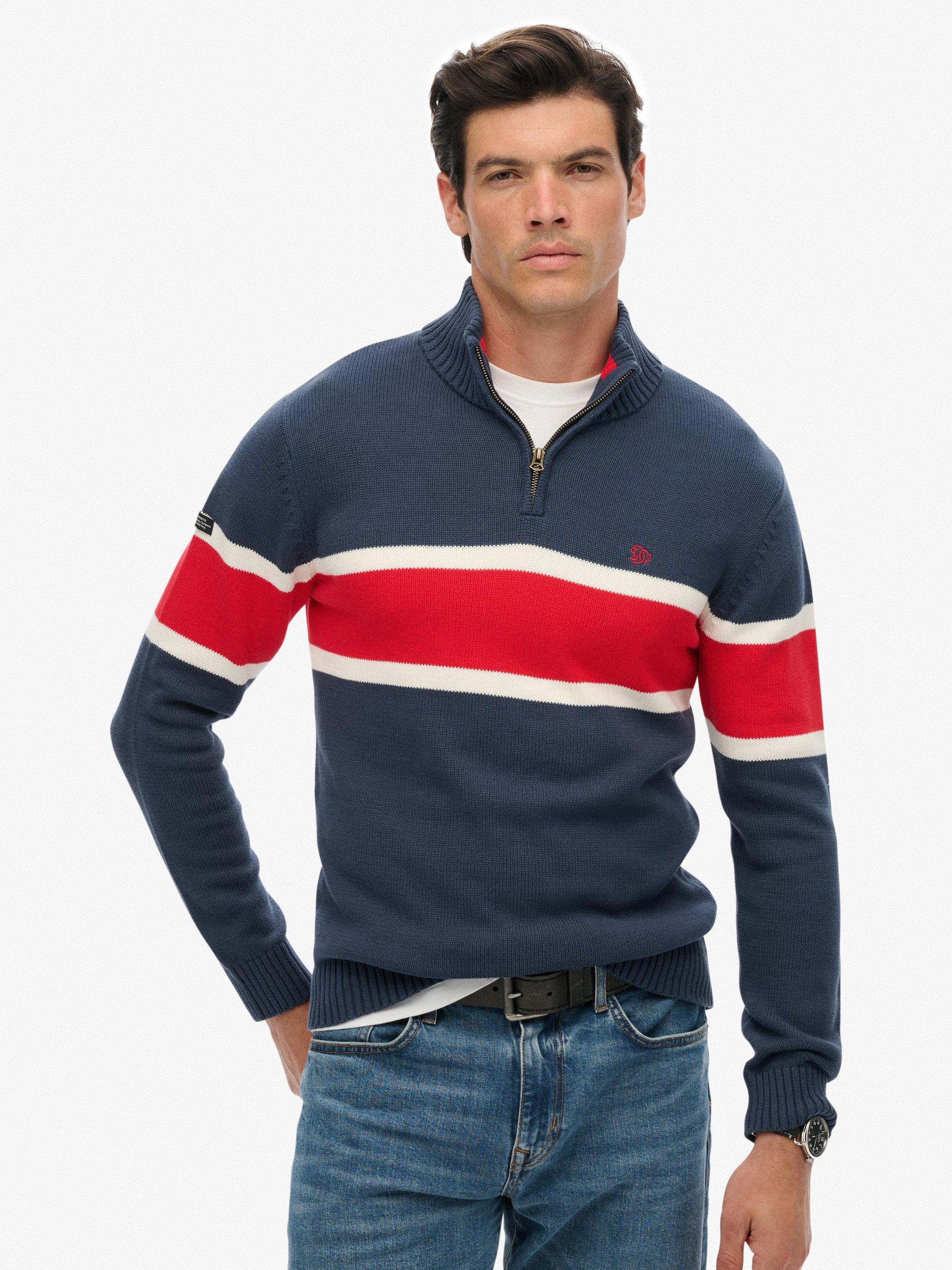 Product image 1 of 5, which shows Superdry Cotton Stripe Half Zip Knit Jumper, Lauren Navy/Multi, S