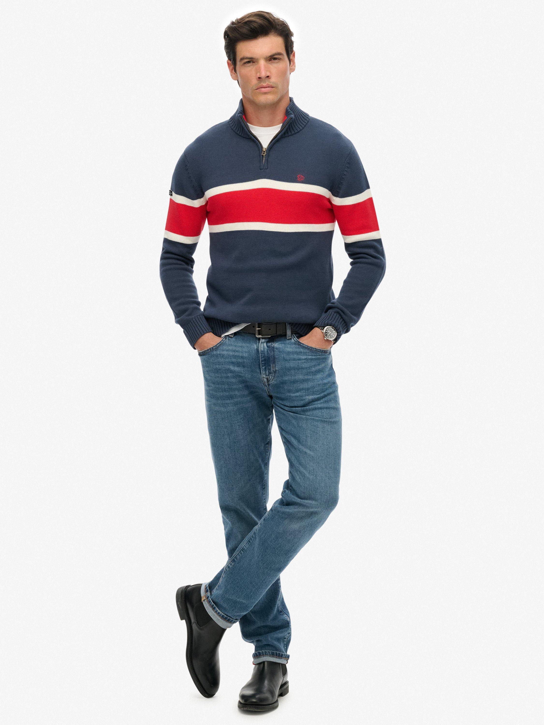 Product image 3 of 5, which shows Superdry Cotton Stripe Half Zip Knit Jumper, Lauren Navy/Multi, S