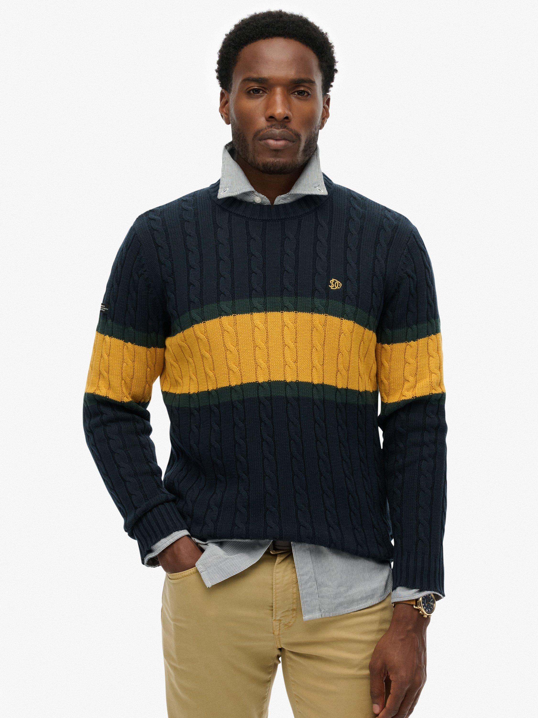 Product image 1 of 5, which shows Superdry Cotton Stripe Cable Jumper, Eclipse Navy/Gold, XXXL