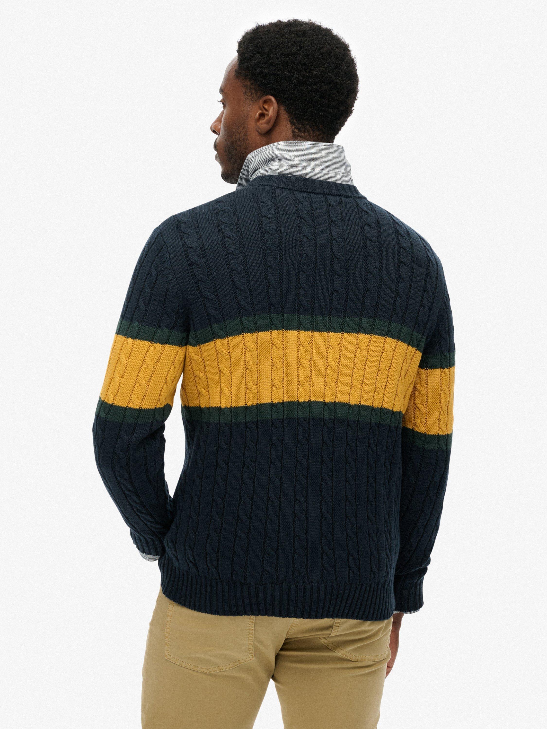 Product image 2 of 5, which shows Superdry Cotton Stripe Cable Jumper, Eclipse Navy/Gold, XXXL
