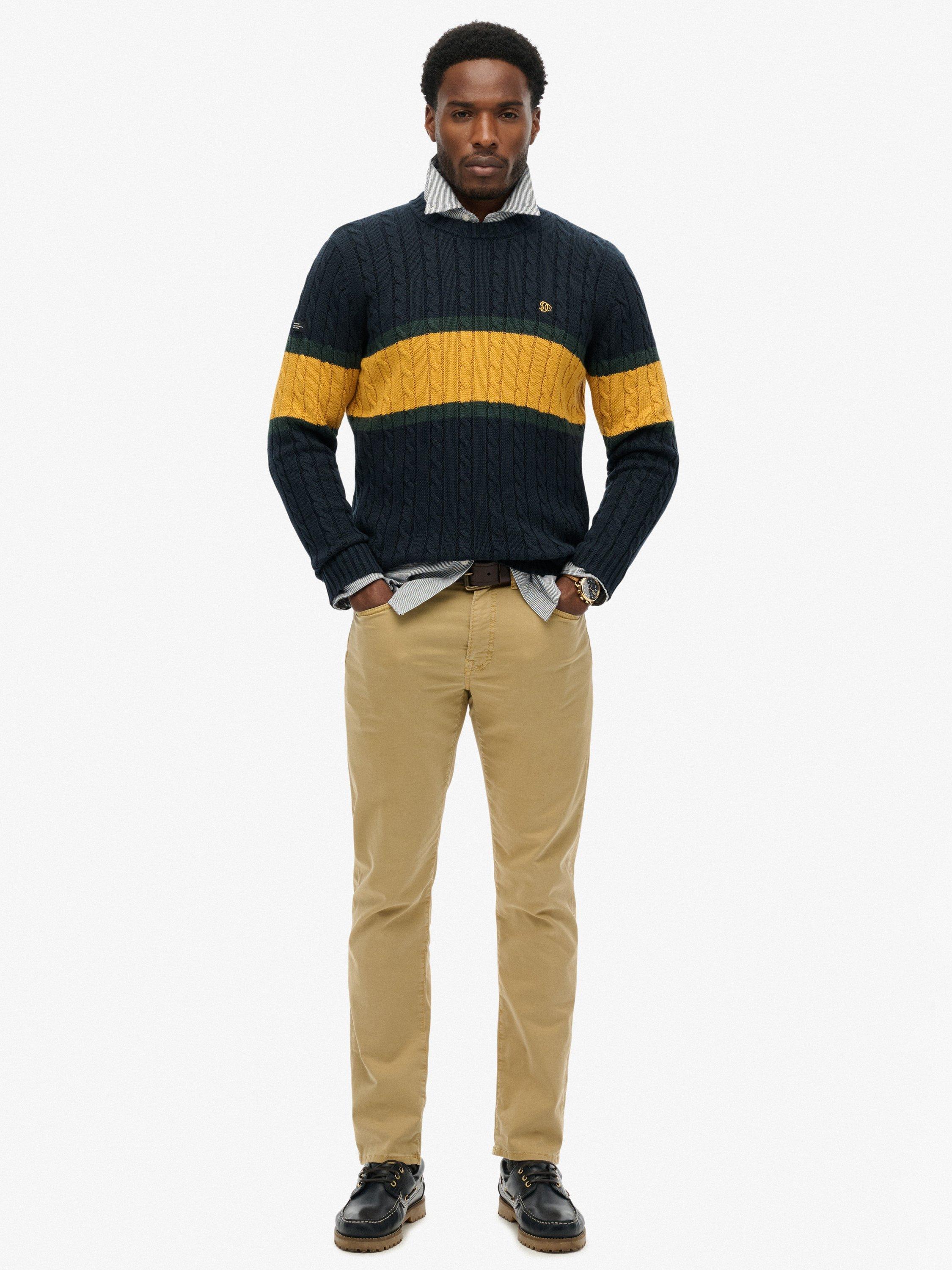 Product image 3 of 5, which shows Superdry Cotton Stripe Cable Jumper, Eclipse Navy/Gold, XXXL