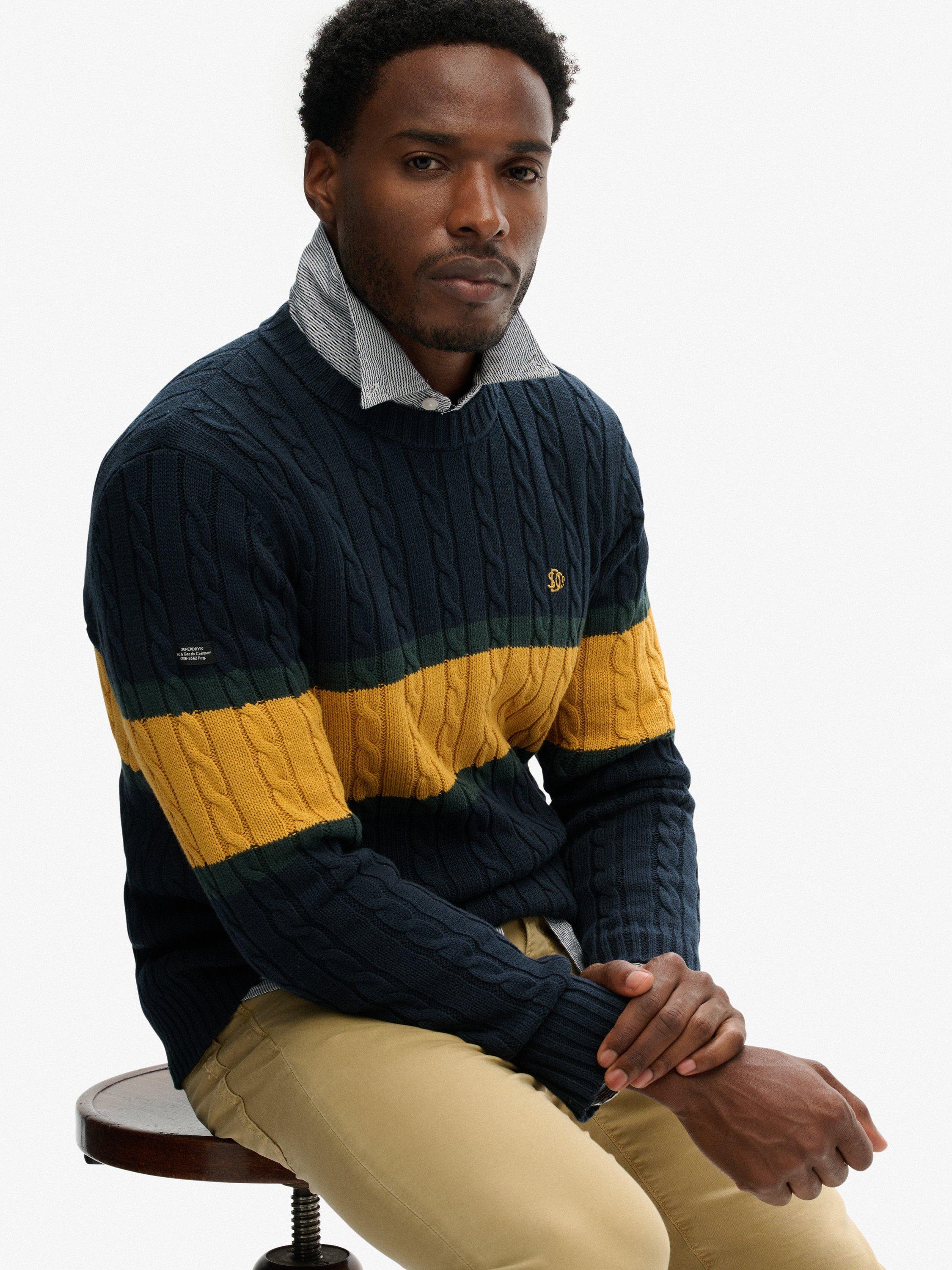 Product image 4 of 5, which shows Superdry Cotton Stripe Cable Jumper, Eclipse Navy/Gold, XXXL