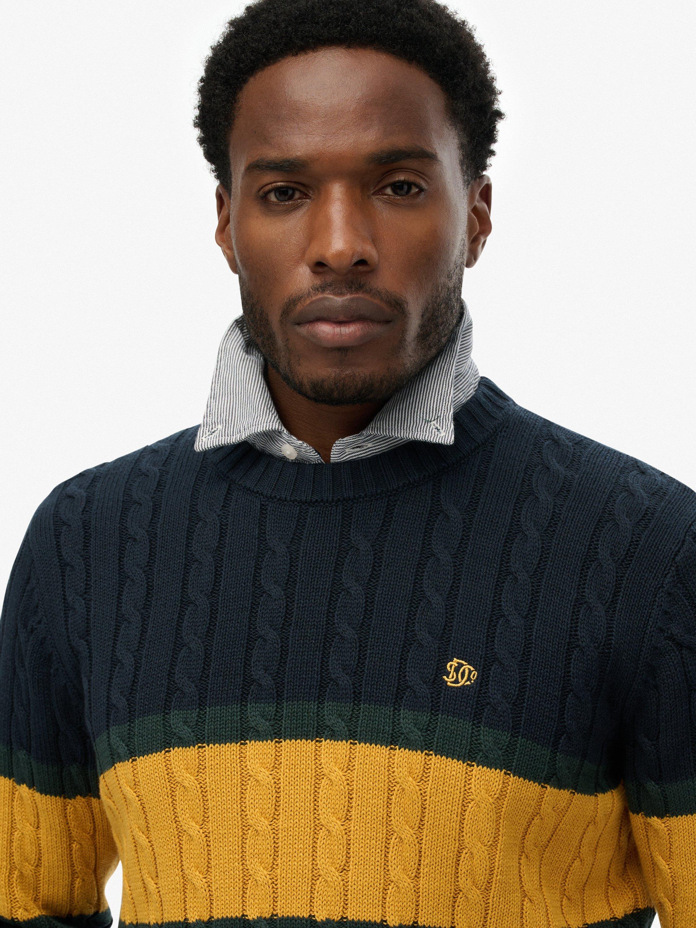 Product image 5 of 5, which shows Superdry Cotton Stripe Cable Jumper, Eclipse Navy/Gold, XXXL
