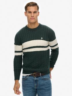 Superdry Cotton Stripe Cable Jumper, Eagle Green/White, Eagle Green/White
