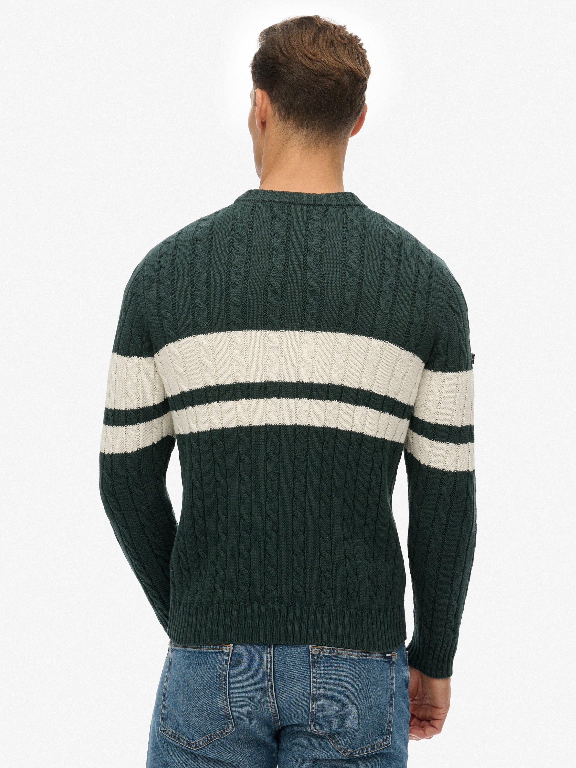 Product image 2 of 5, which shows Superdry Cotton Stripe Cable Jumper, Eagle Green/White, S