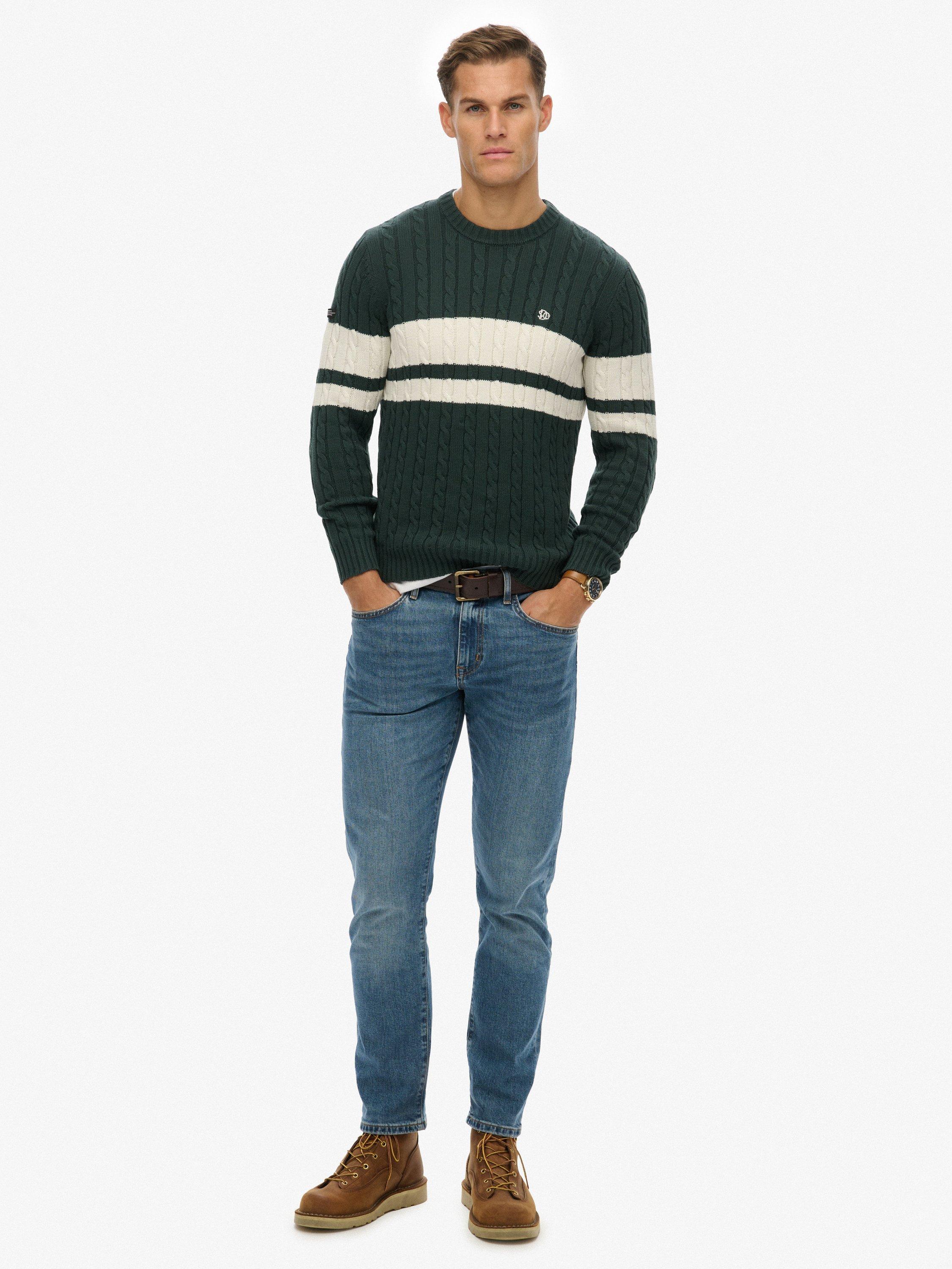 Product image 3 of 5, which shows Superdry Cotton Stripe Cable Jumper, Eagle Green/White, S