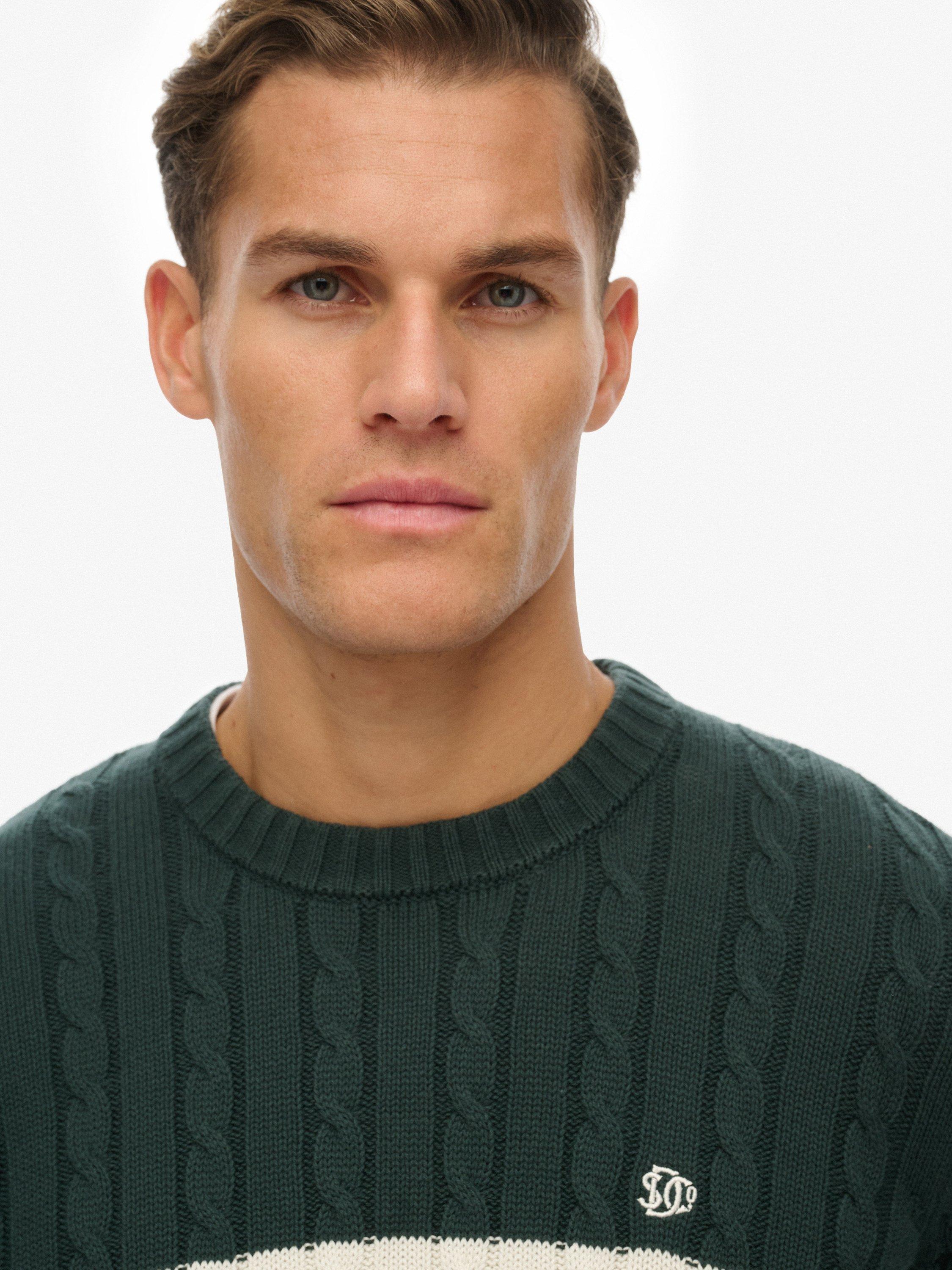 Product image 5 of 5, which shows Superdry Cotton Stripe Cable Jumper, Eagle Green/White, S