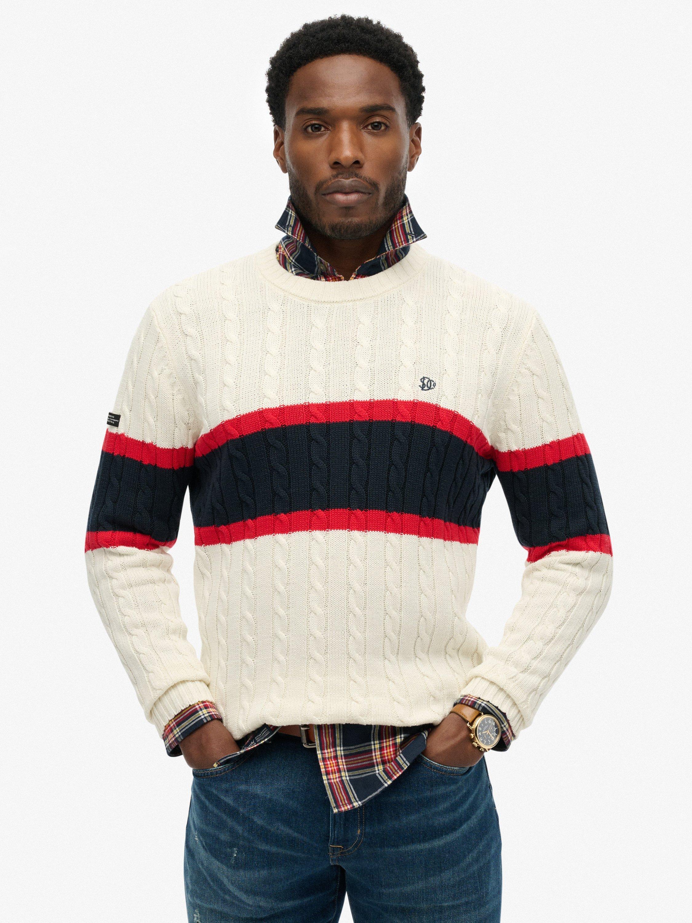 Product image 1 of 5, which shows Superdry Cotton Stripe Cable Jumper, Ecru/Eclipse Navy, S