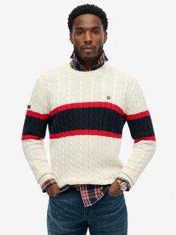 Superdry Cotton Stripe Cable Jumper, Ecru/Eclipse Navy