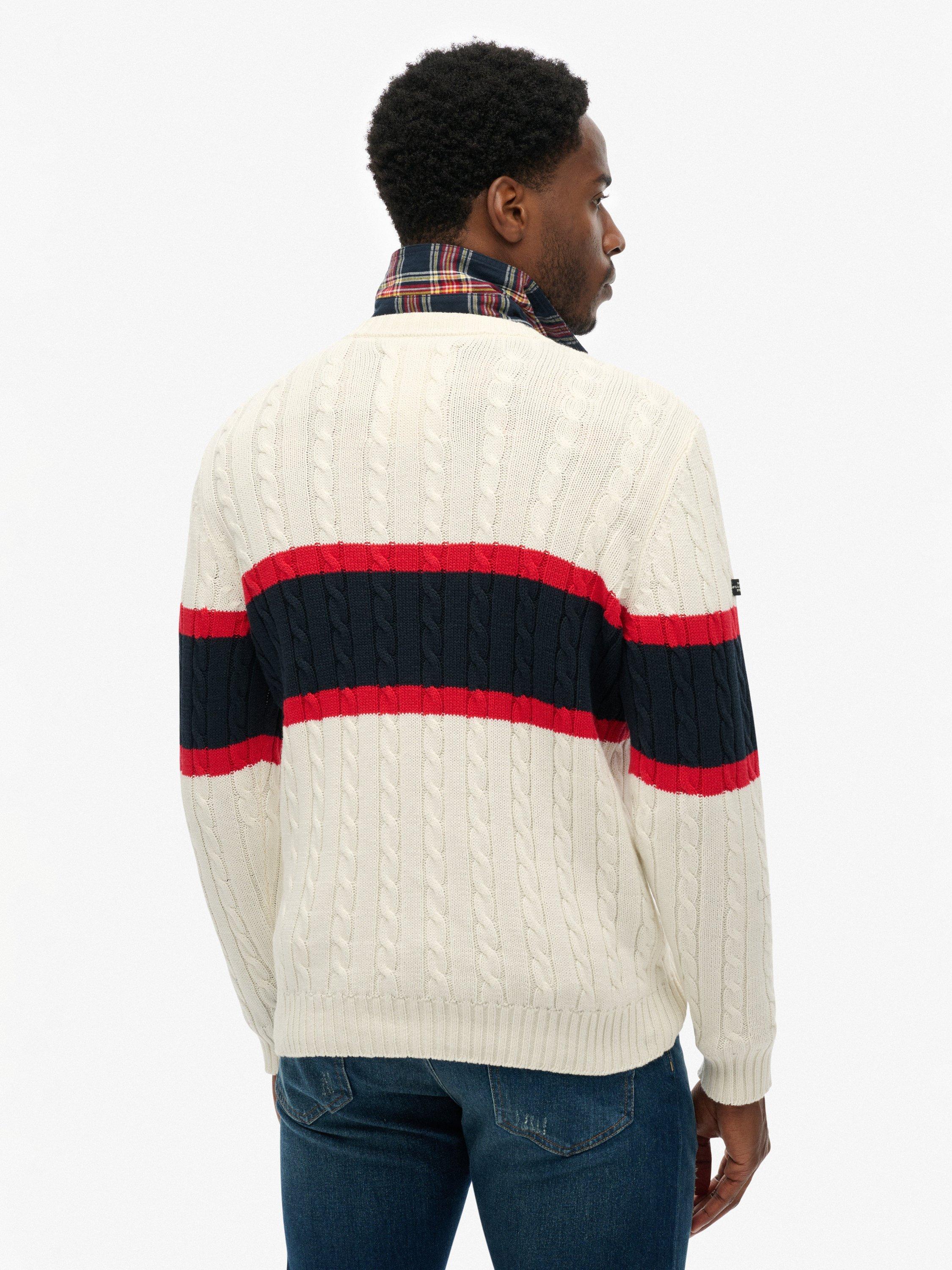 Product image 2 of 5, which shows Superdry Cotton Stripe Cable Jumper, Ecru/Eclipse Navy, S