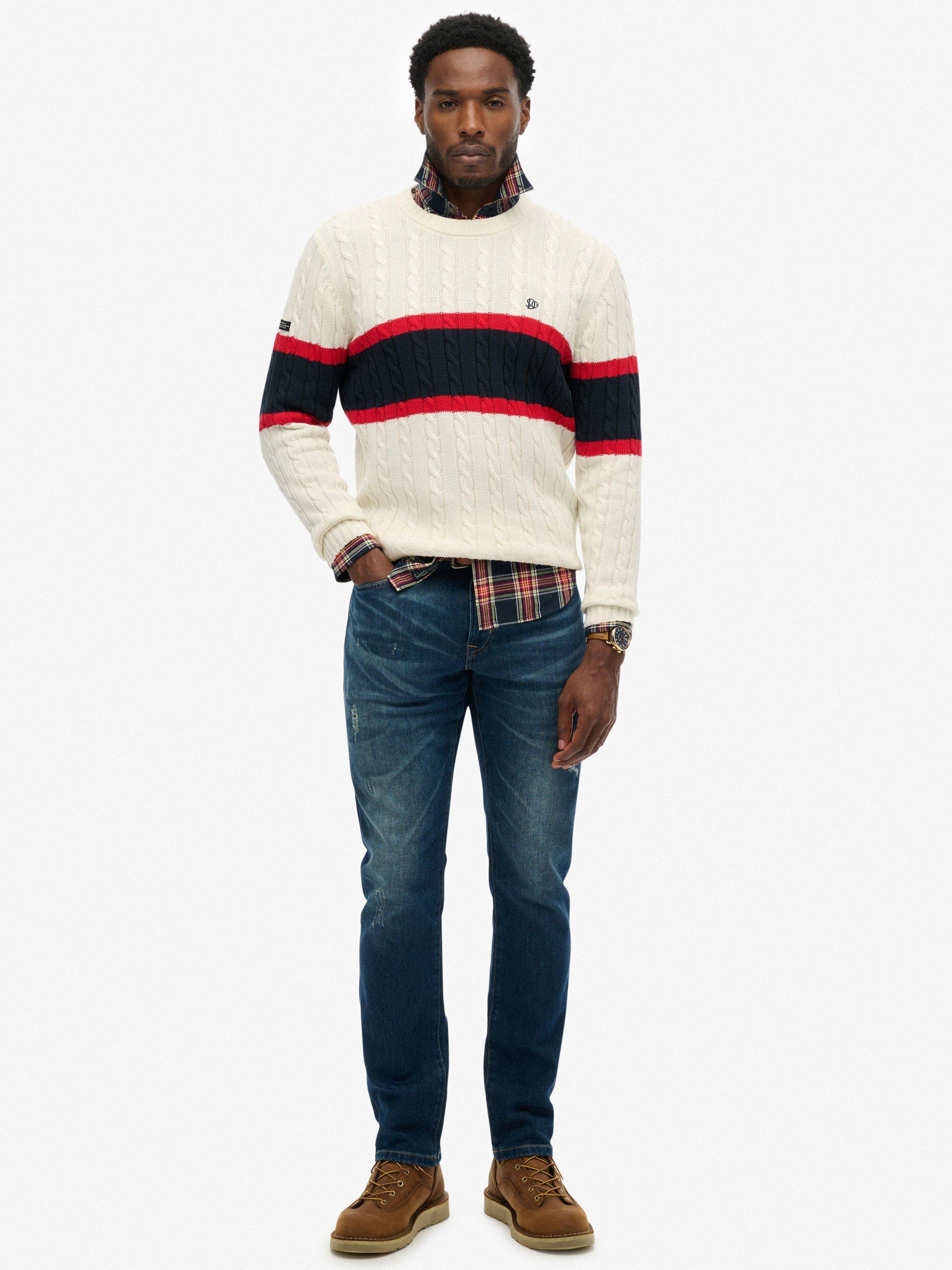 Product image 3 of 5, which shows Superdry Cotton Stripe Cable Jumper, Ecru/Eclipse Navy, S