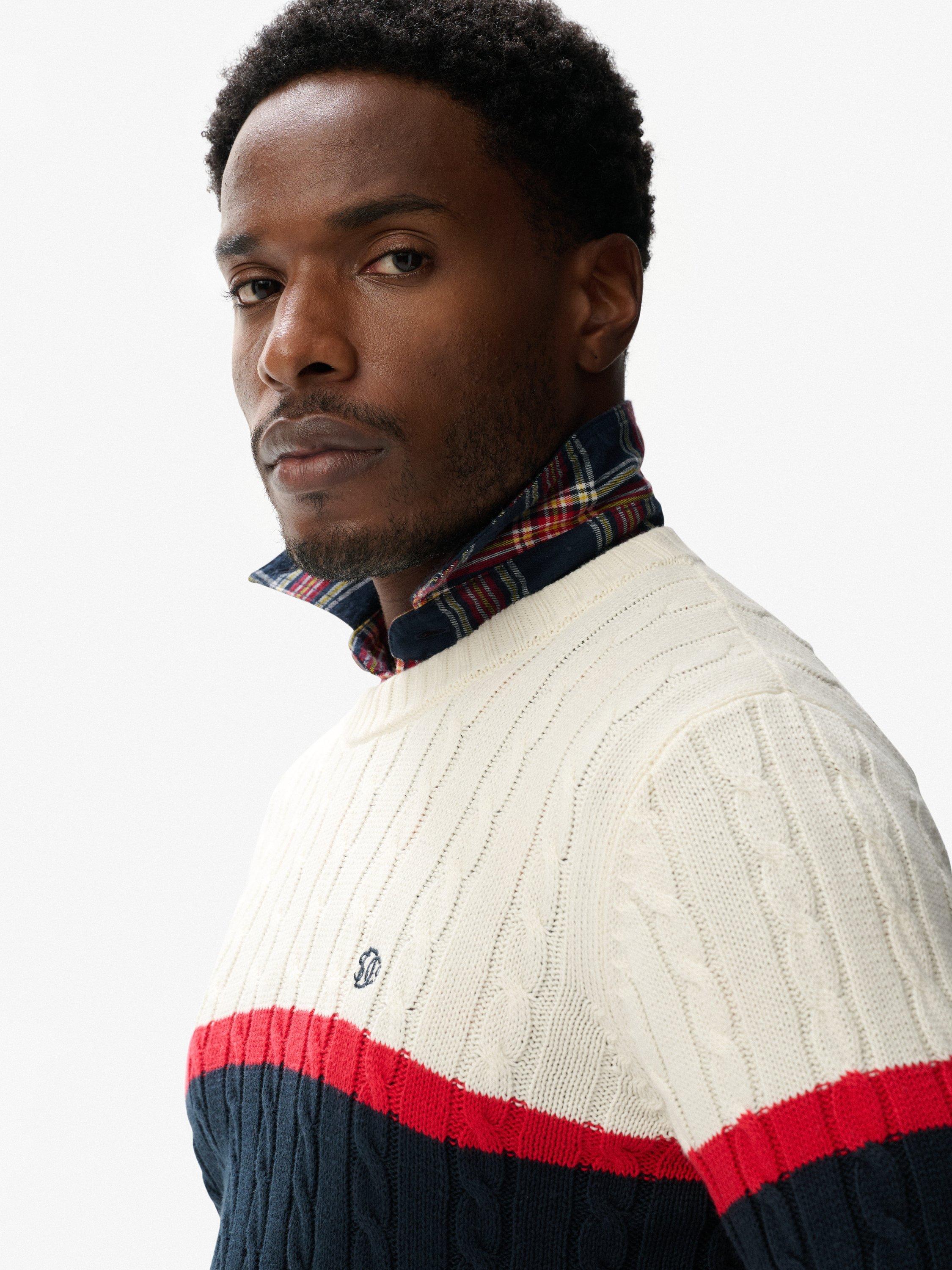 Product image 4 of 5, which shows Superdry Cotton Stripe Cable Jumper, Ecru/Eclipse Navy, S