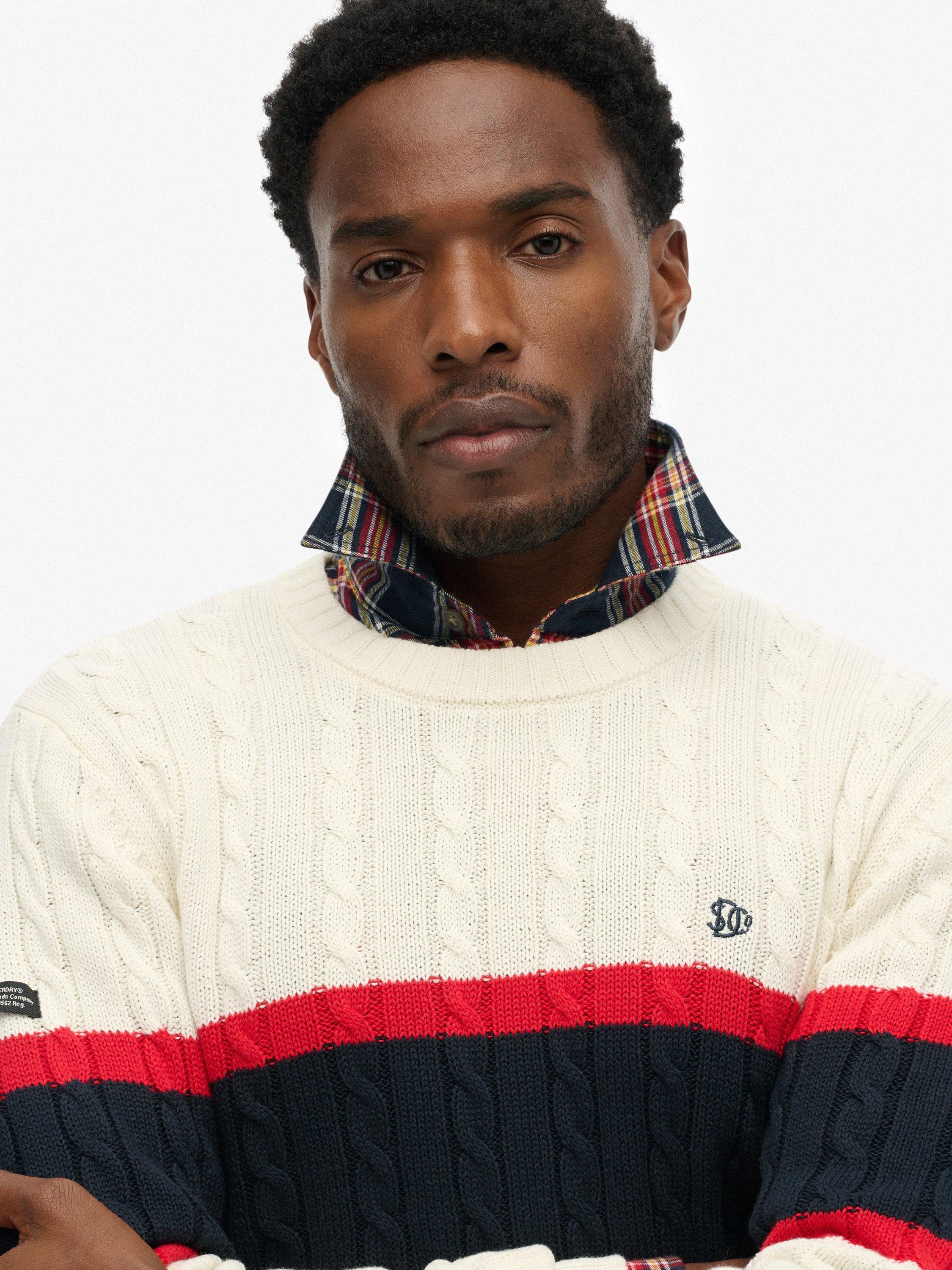 Product image 5 of 5, which shows Superdry Cotton Stripe Cable Jumper, Ecru/Eclipse Navy, S