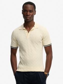 Superdry Knitted Texture Short Sleeve Polo Shirt, Artichoke Green, Cream