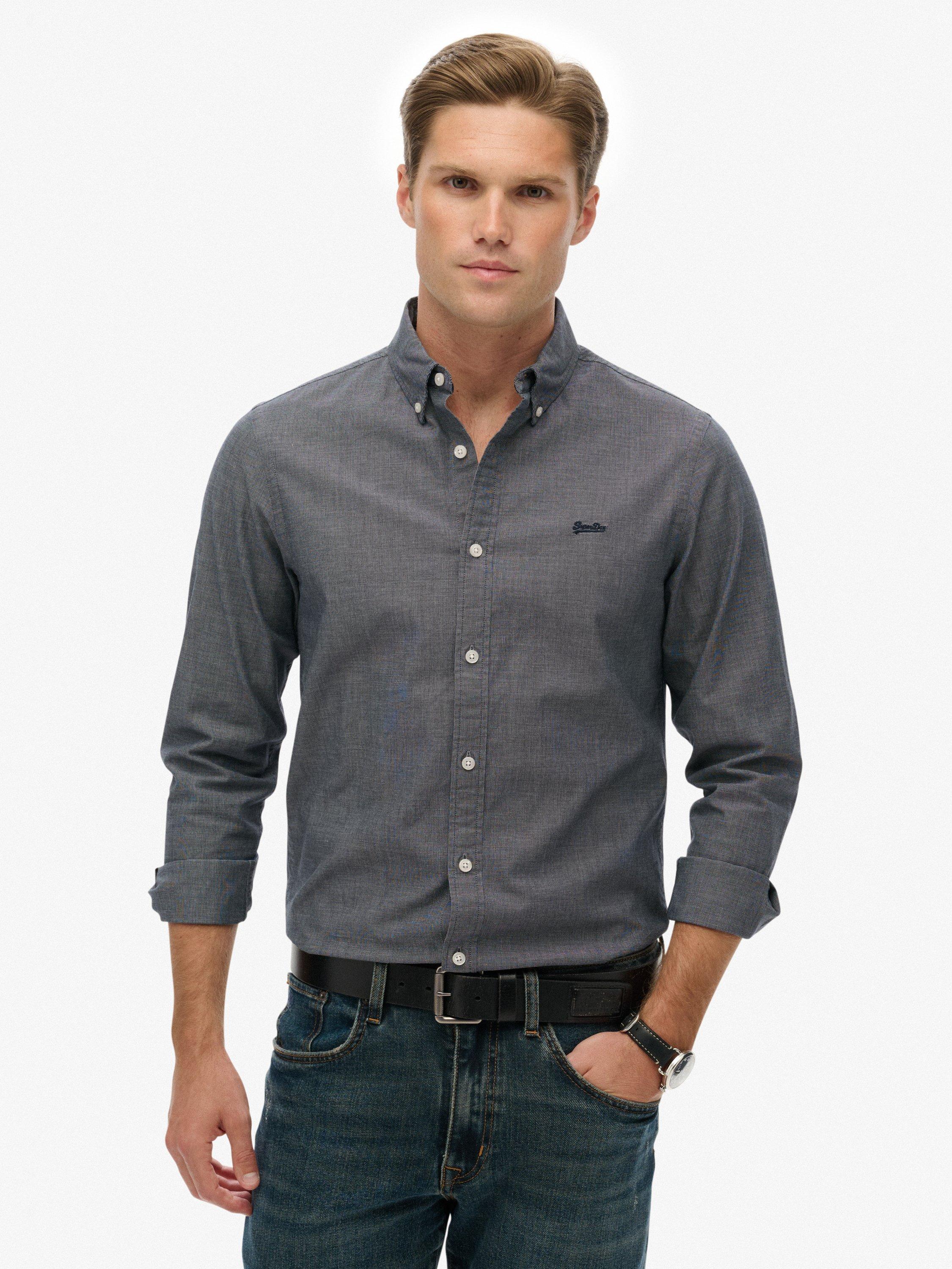 Product image 1 of 6, which shows Superdry Cotton Blend Essentials Tailored Lite Shirt, Navy, S