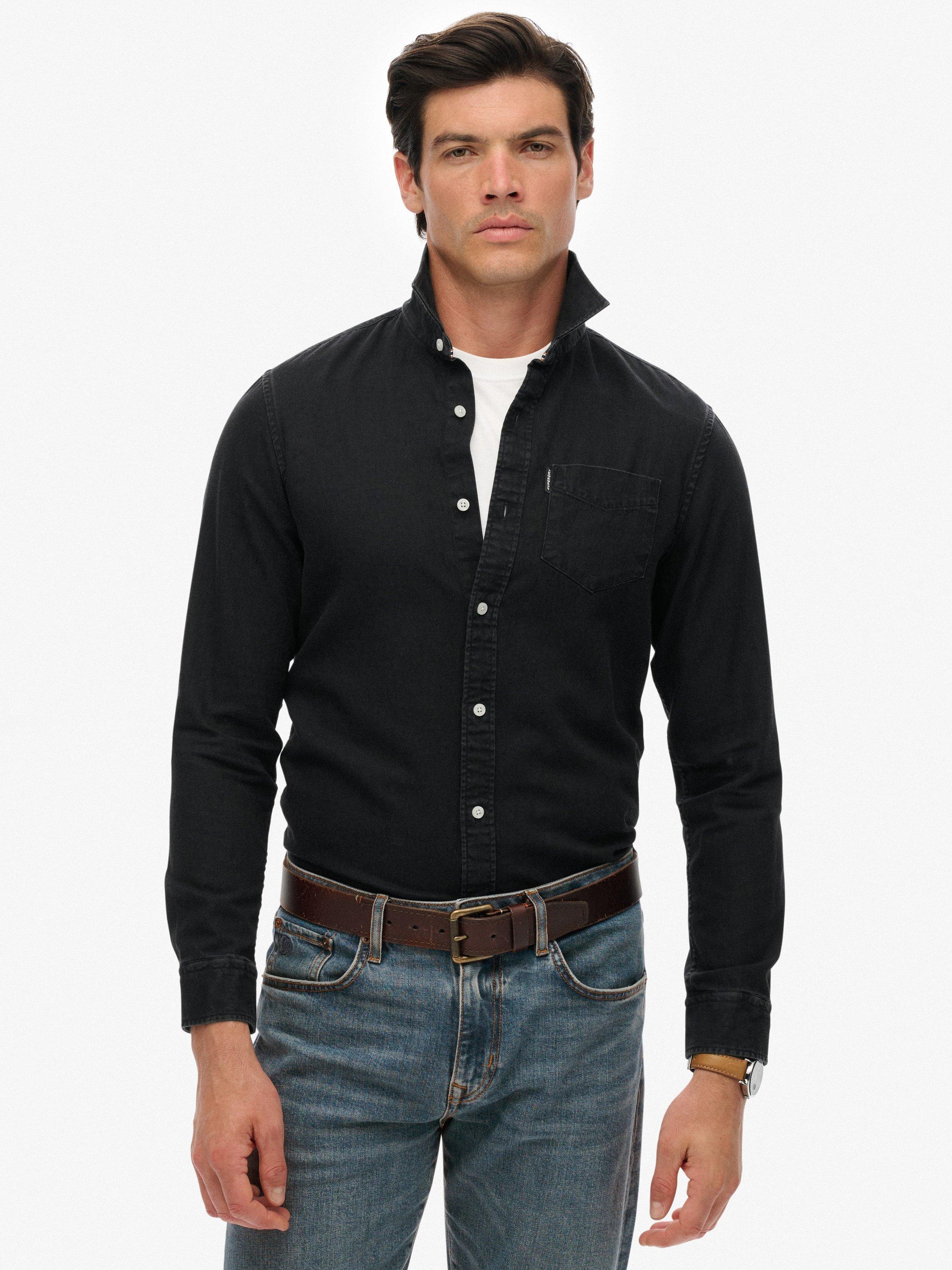 Product image 1 of 6, which shows Superdry Essential Long Sleeve Denim Shirt, Jet Black, L
