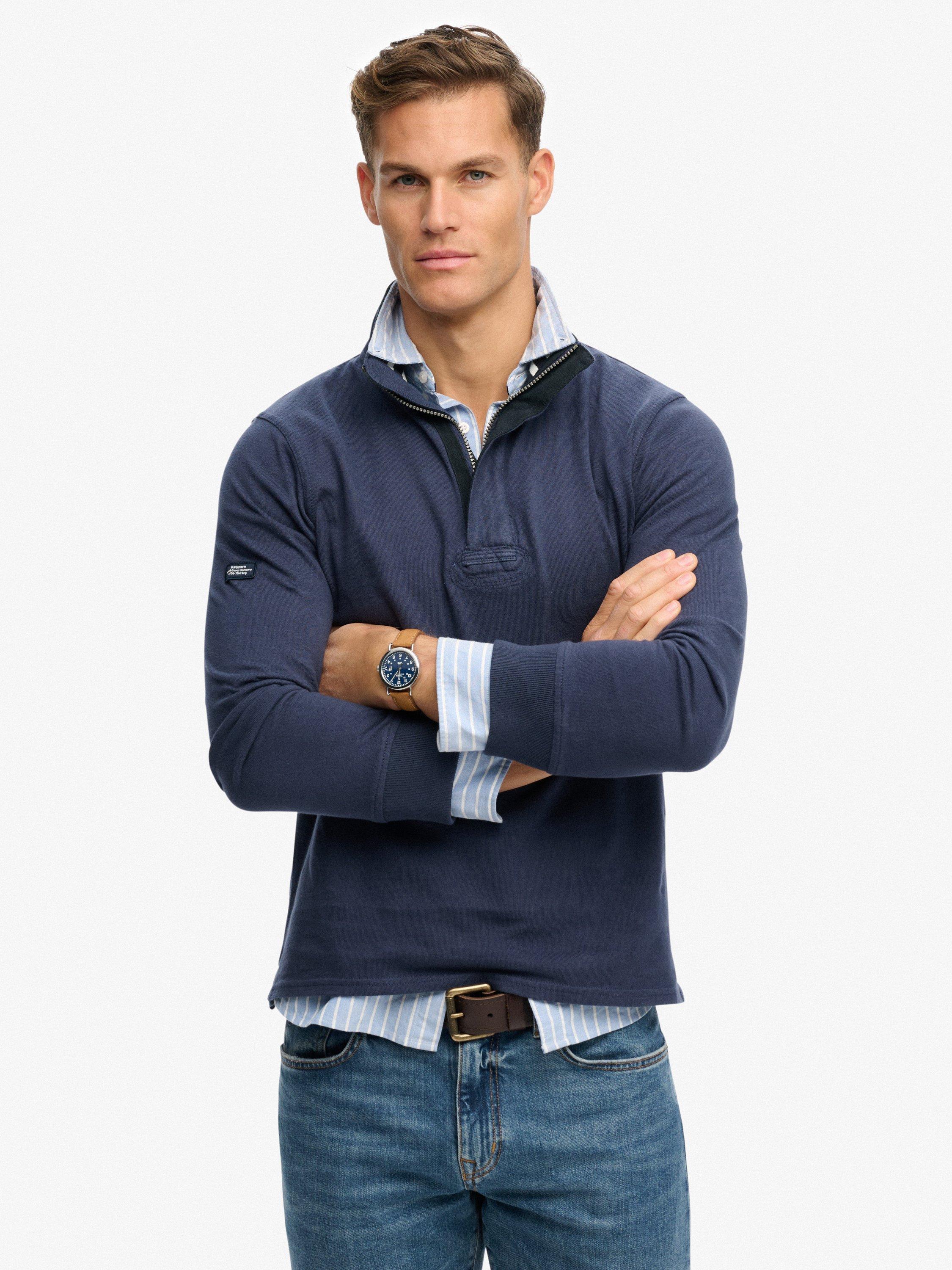 Product image 1 of 5, which shows Superdry Pure Cotton Classics Jersey Half Zip Jumper, Lauren Navy, XXL