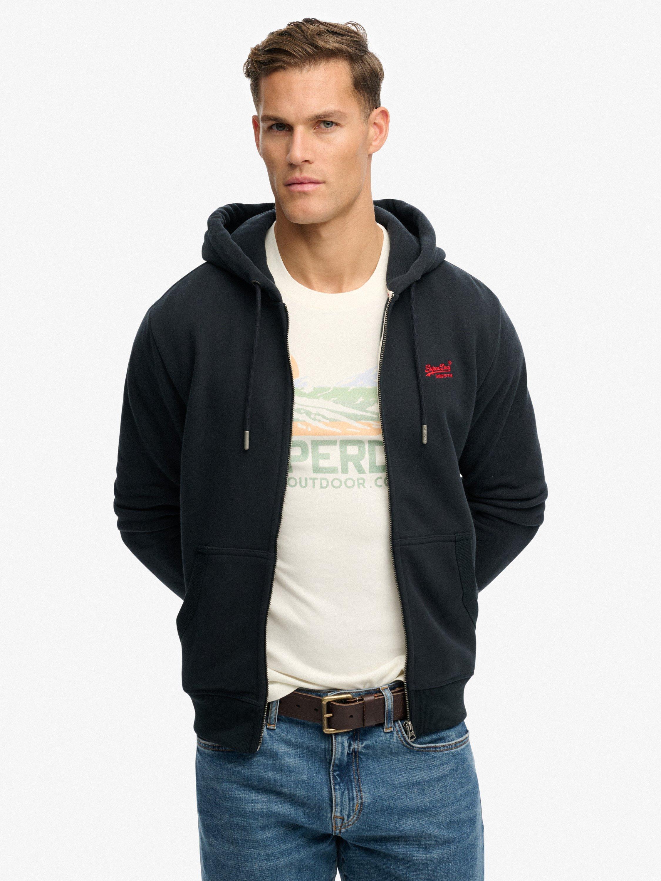 Product image 1 of 4, which shows Superdry Cotton Blend Essential Logo Zip Hoodie, Eclipse Navy/Red, XXL
