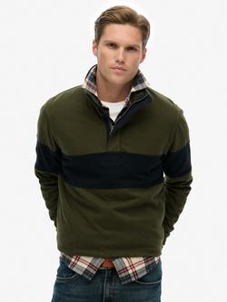 Superdry Classic Rugby Half Zip Top, Army Khaki Green/Navy, Army Khaki Green/Navy