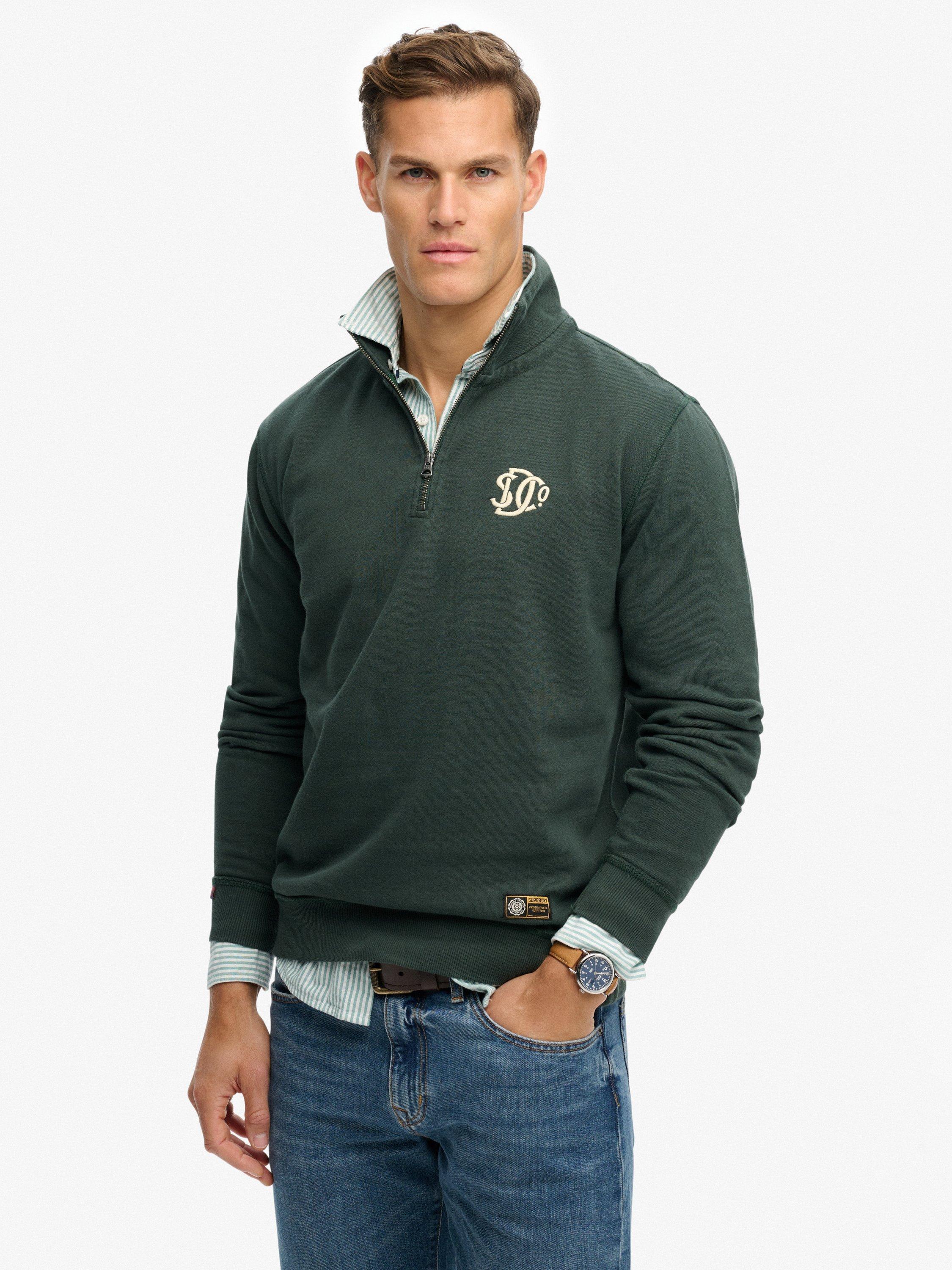 Product image 1 of 5, which shows Superdry Pure Cotton Athletic SD Co Half Zip Sweatshirt, Eagle Green, M