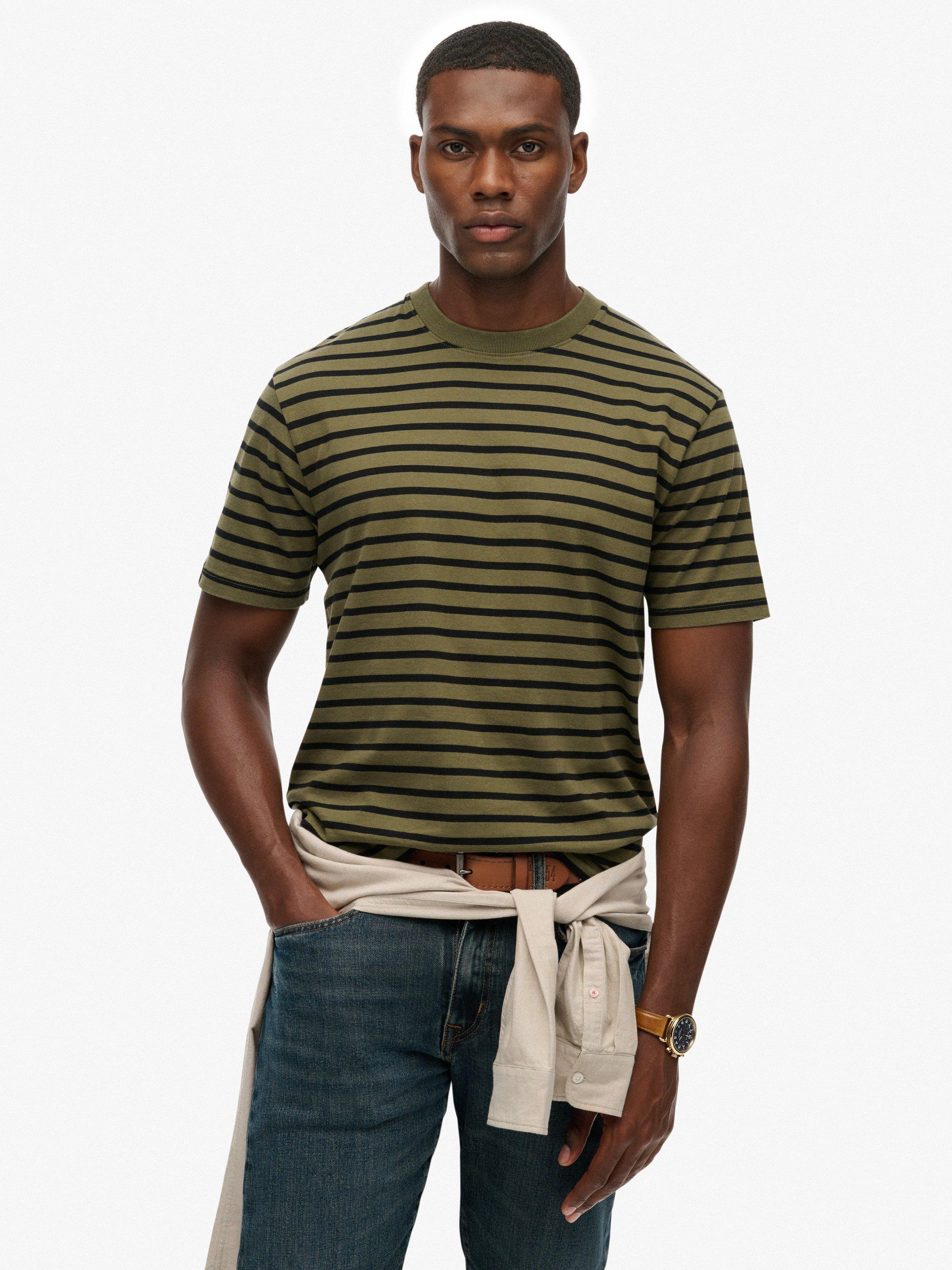 Product image 1 of 5, which shows Superdry Merchant Store Stripe Cotton T-Shirt, Olive/Black, M