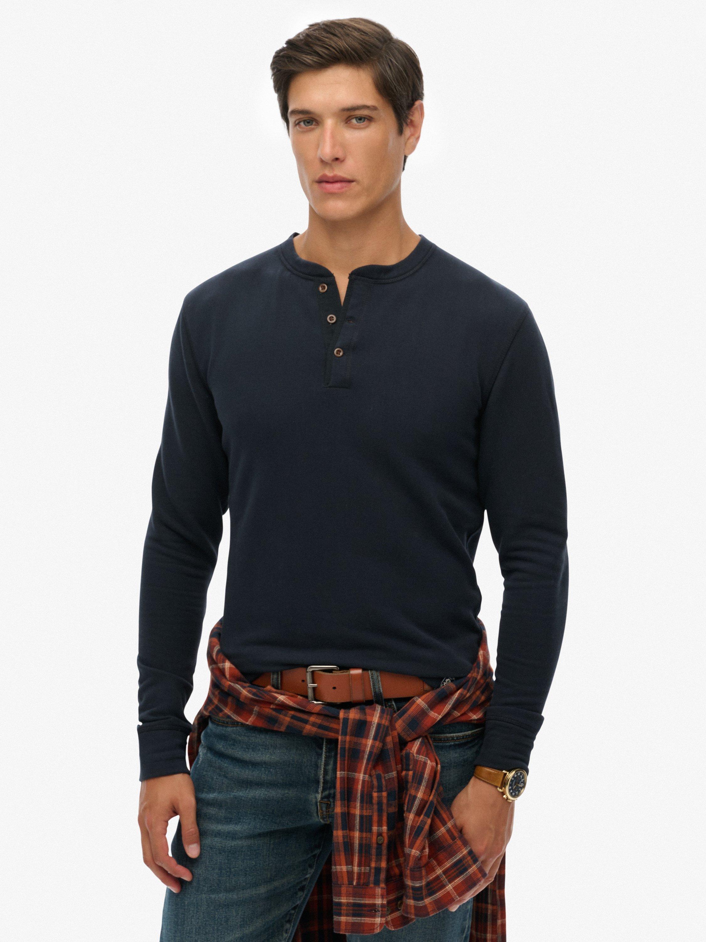 Product image 1 of 5, which shows Superdry Cotton Regular Fit Long Sleeve Grandad Top, Eclipse Navy, XXL