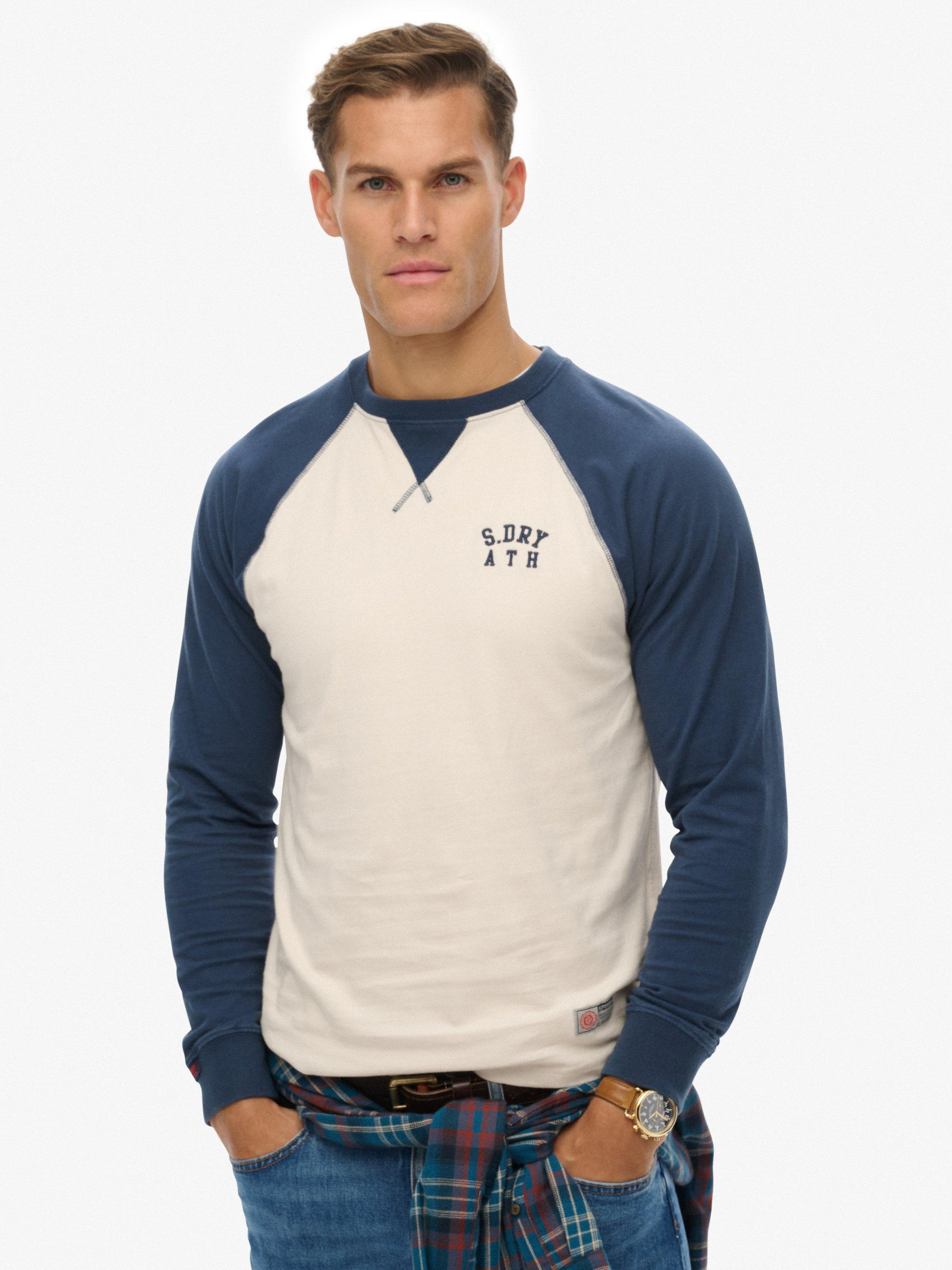 Product image 1 of 5, which shows Superdry Vintage Athletic Baseball Sweatshirt, White Sand/Navy, M