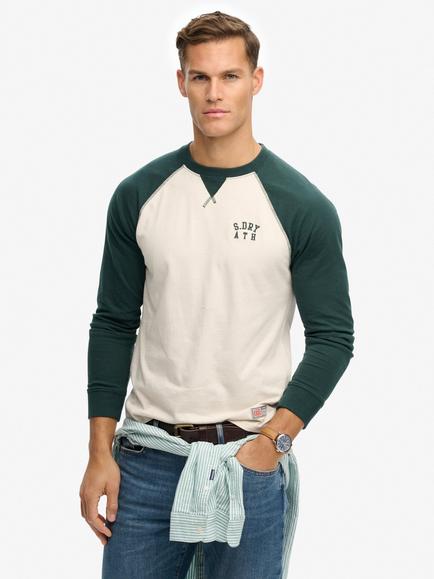 Superdry Pure Cotton Vintage Athletic Baseball Top, White Sand/Green, White Sand/Green
