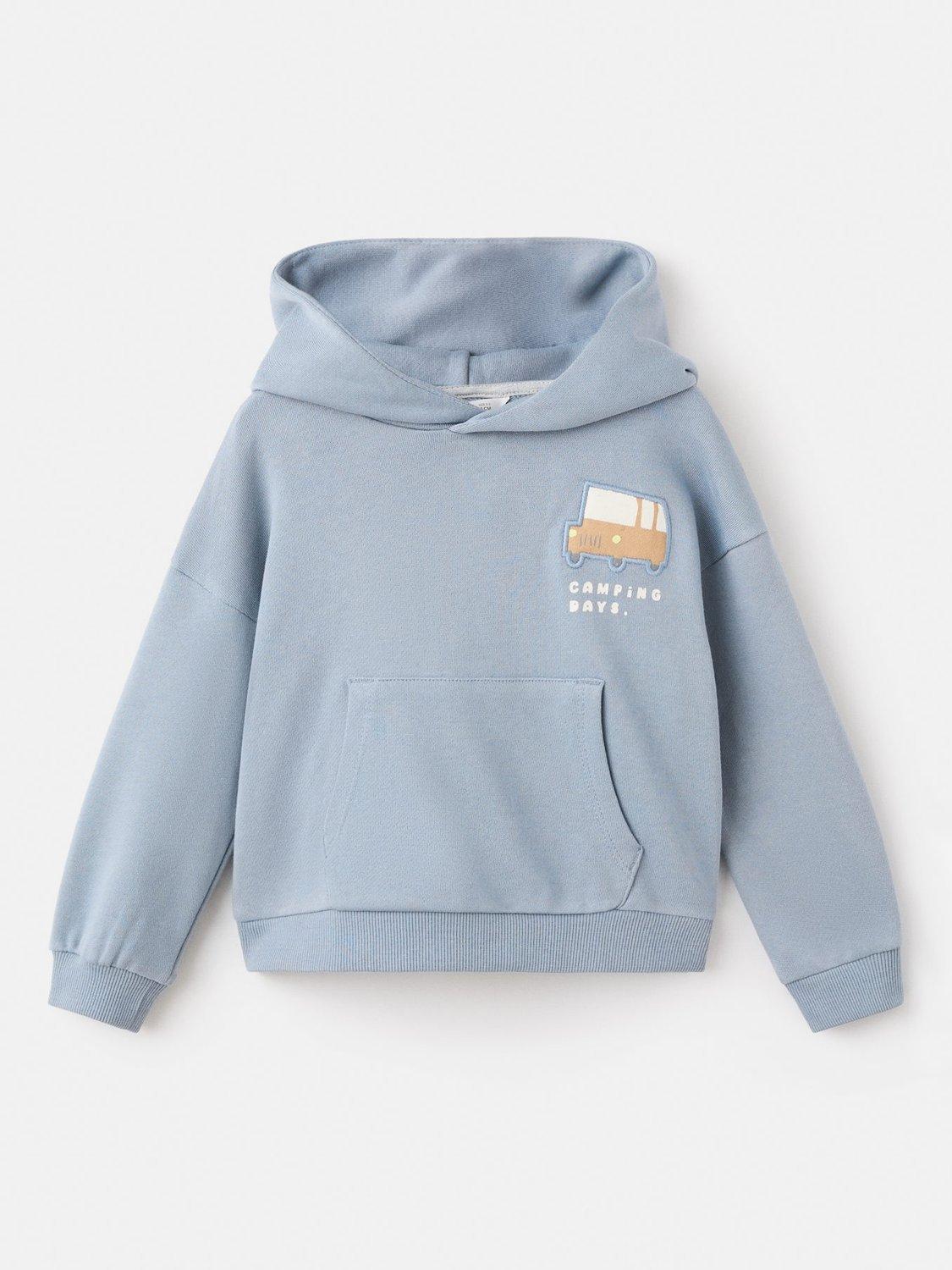 Product image 1 of 4, which shows Mango Kids' Cotton Bus Applique Hoodie, Medium Blue, 3-4 years