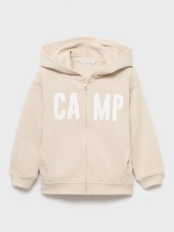 Mango Kids' Camp Cotton Zipped Hoodie, Beige, Beige