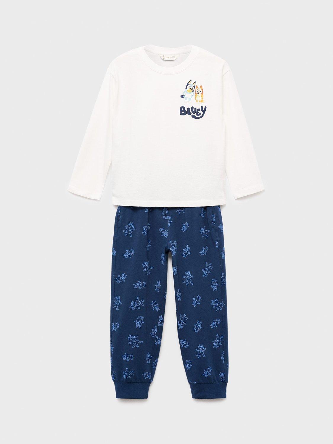 Product image 1 of 4, which shows Mango Kids' Cotton Long Sleeved Bluey Pyjamas, Navy, 12-18 months