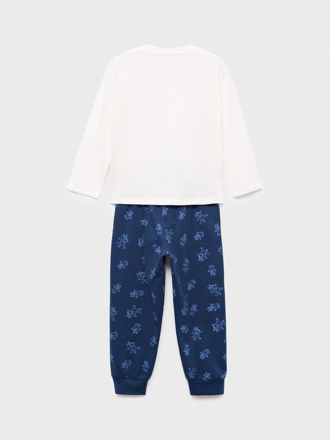 Product image 2 of 4, which shows Mango Kids' Cotton Long Sleeved Bluey Pyjamas, Navy, 12-18 months