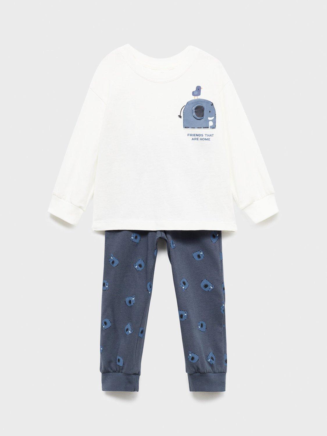 Product image 1 of 4, which shows Mango Kids' Cotton Long Sleeved Elephant Pyjamas, Charcoal/Multi, 12-18 months