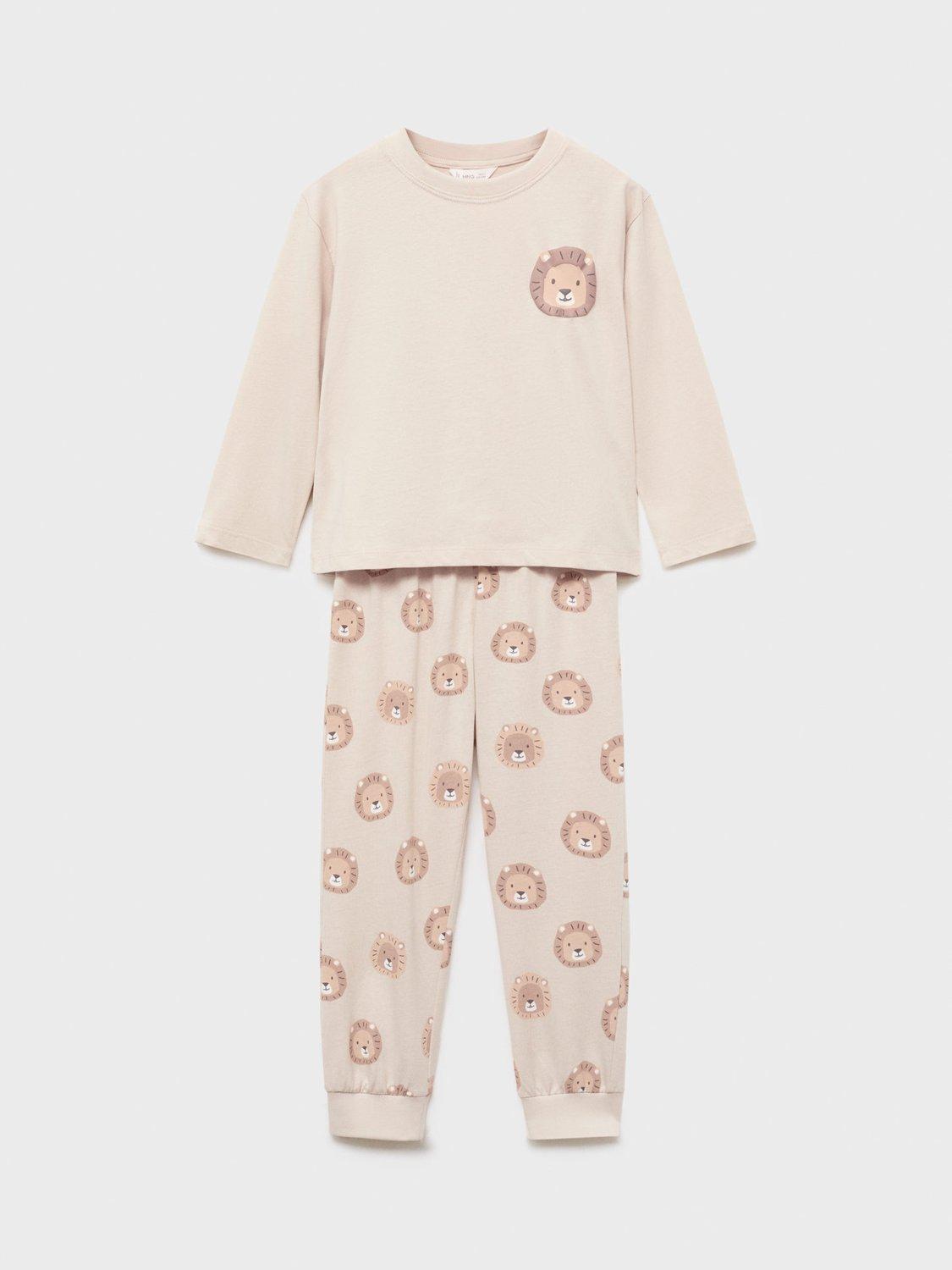 Product image 1 of 4, which shows Mango Kids' Cotton Long Sleeved Lion Print Pyjamas, Beige, 12-18 months