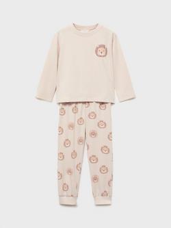 Mango Kids' Cotton Long Sleeved Lion Print Pyjamas, Beige, Beige
