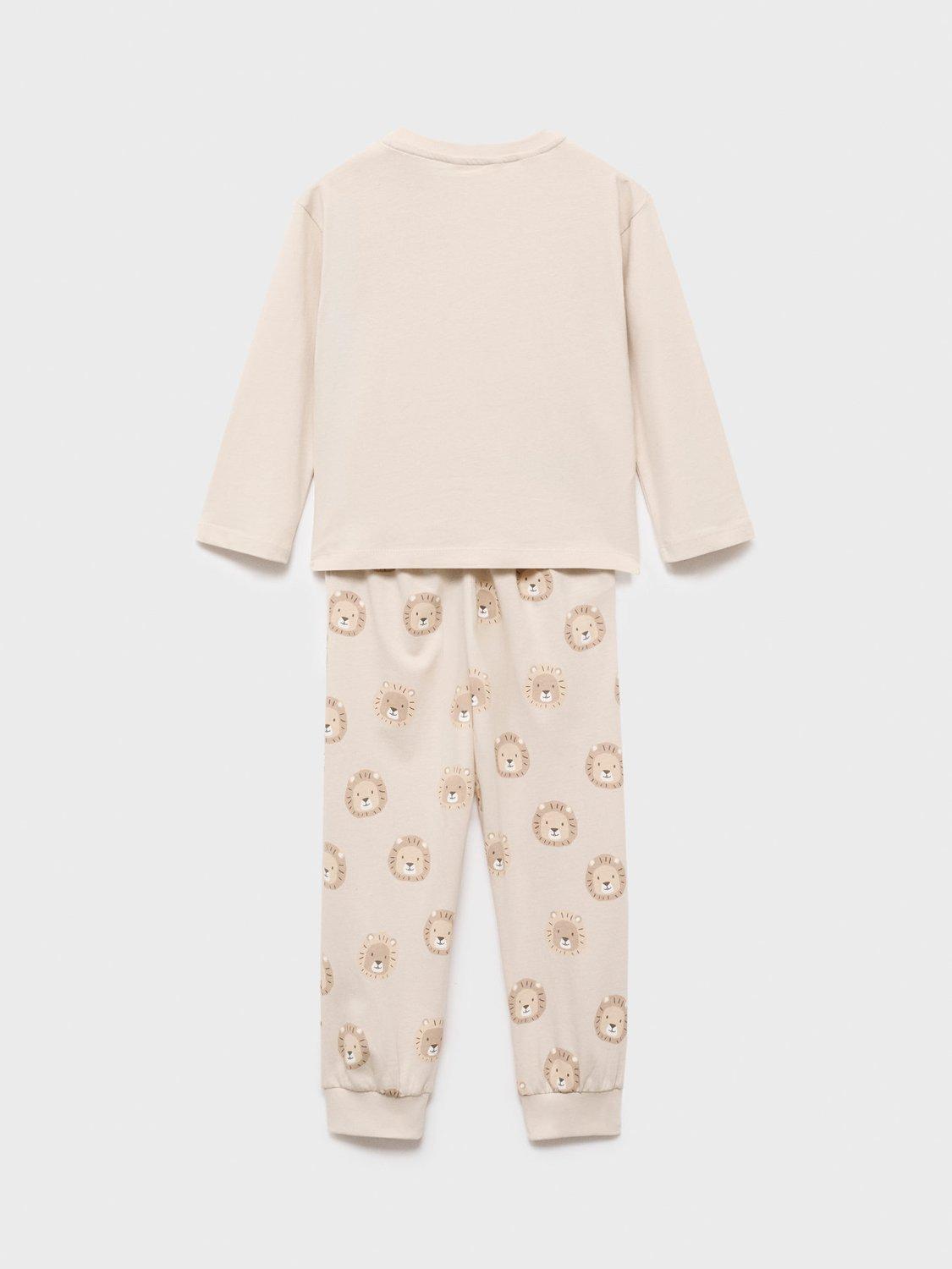 Product image 2 of 4, which shows Mango Kids' Cotton Long Sleeved Lion Print Pyjamas, Beige, 12-18 months