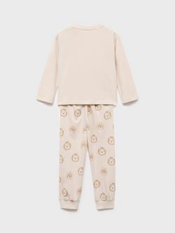Mango Kids' Cotton Long Sleeved Lion Print Pyjamas, Beige - view 2, Beige