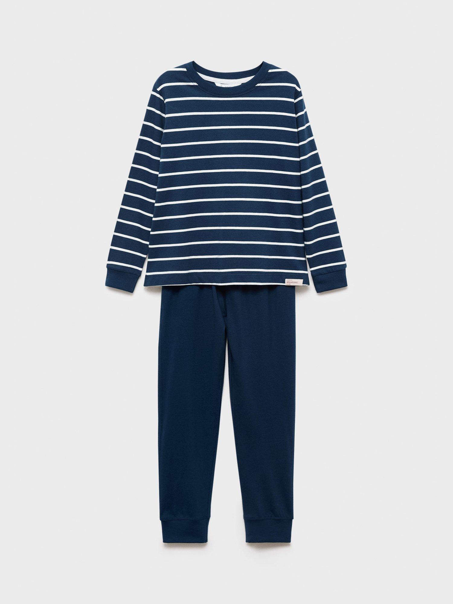 Product image 1 of 4, which shows Mango Kids' Cotton Long Sleeved Striped Pyjamas, Navy, 11-12 years