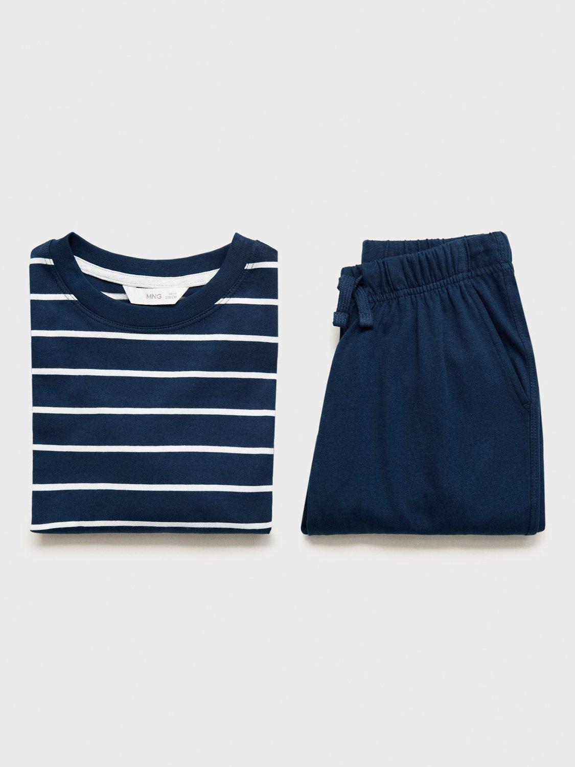 Product image 4 of 4, which shows Mango Kids' Cotton Long Sleeved Striped Pyjamas, Navy, 11-12 years