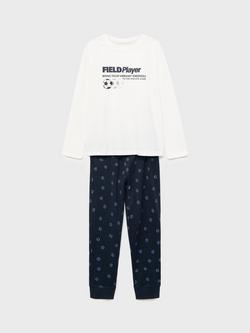 Mango Kids' Player Cotton Long Sleeved Football Print Pyjamas, Natural White, Natural White