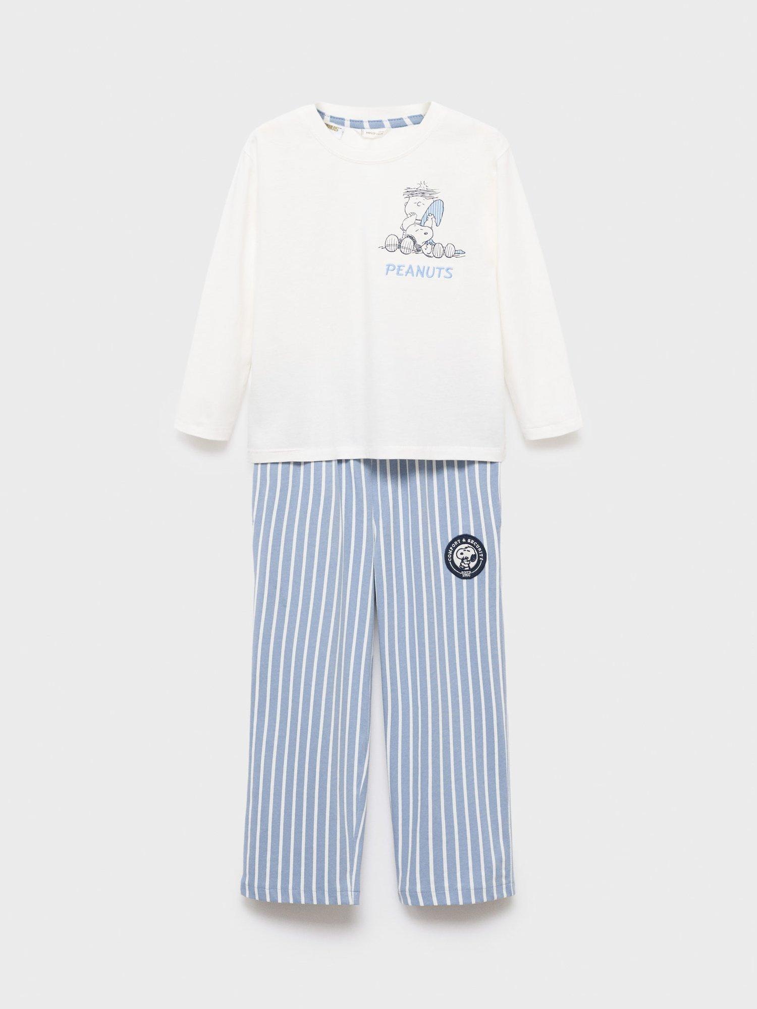 Product image 1 of 4, which shows Mango Kids' Cotton Long Sleeved Snoopy Pyjamas, Medium Blue, 12-18 months