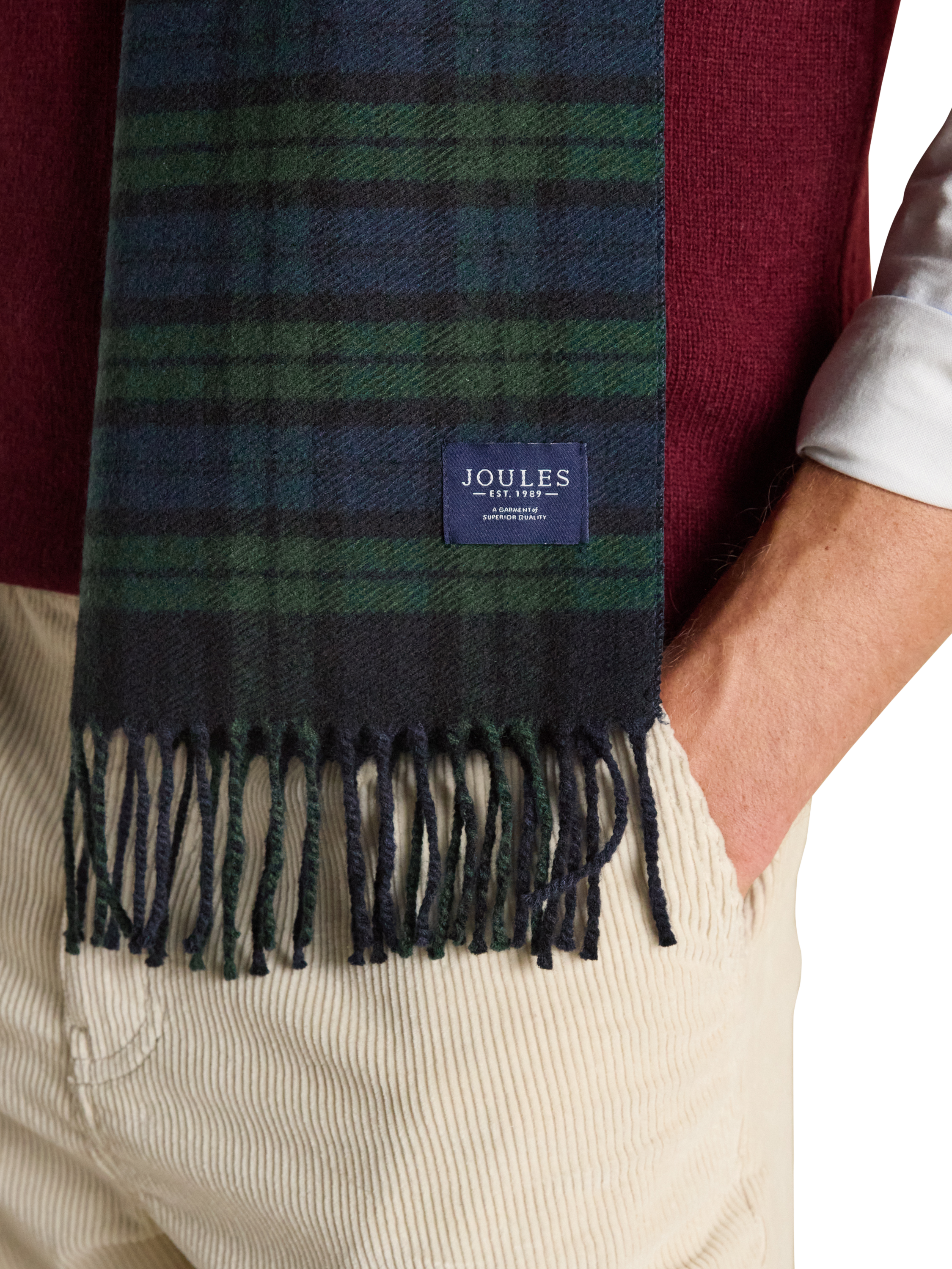 Product image 3 of 4, which shows Joules Tartan Scarf, Navy/Green