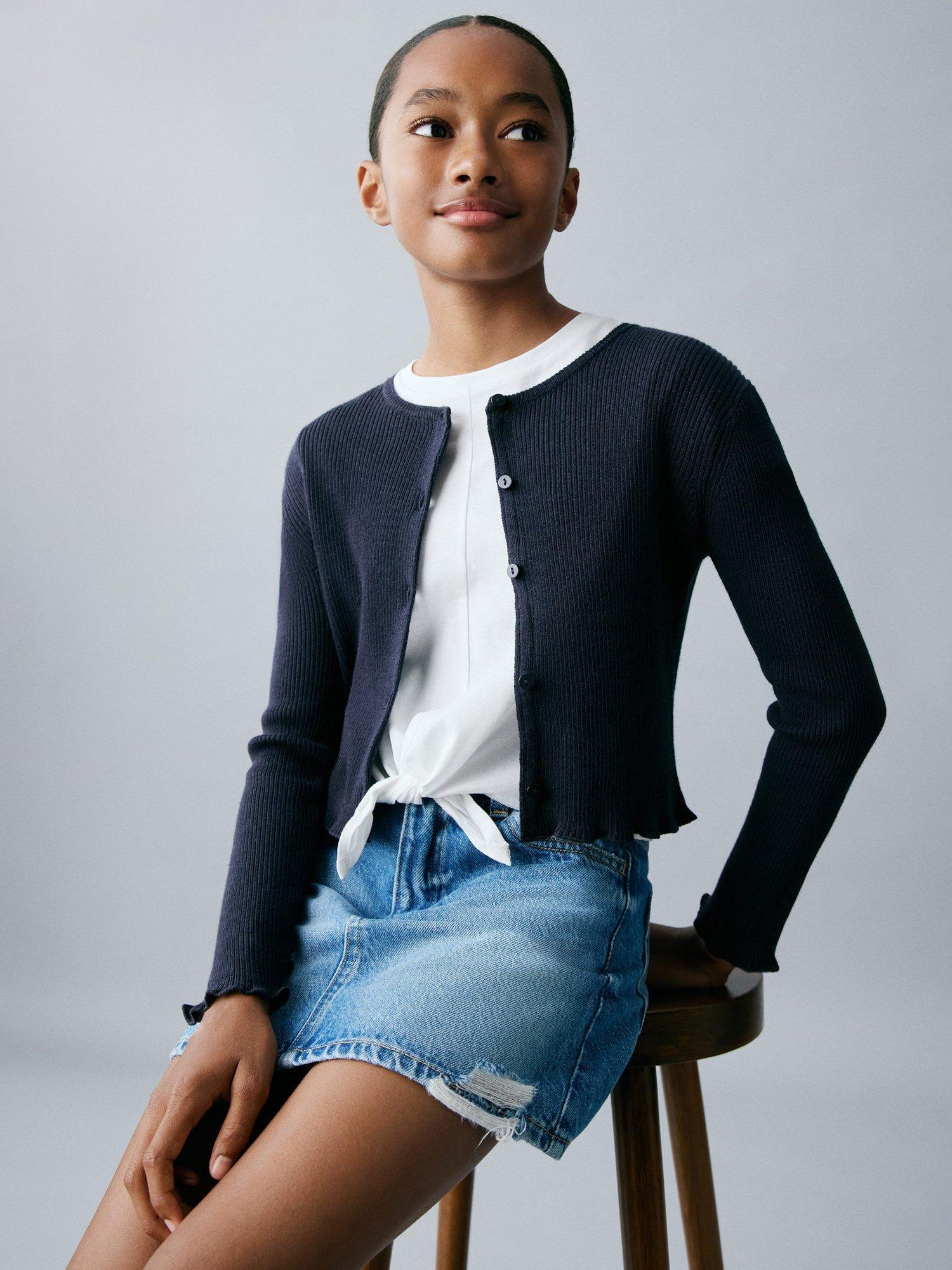 Product image 1 of 5, which shows Mango Kids' Lyra Cotton Blend Long Sleeved Cardigan, Navy, 5-6 years