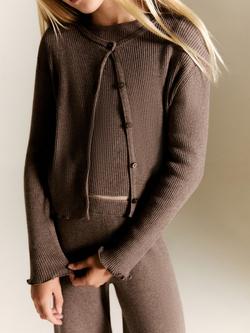 Mango Kids' Lyra Cotton Blend Long Sleeved Cardigan, Brown