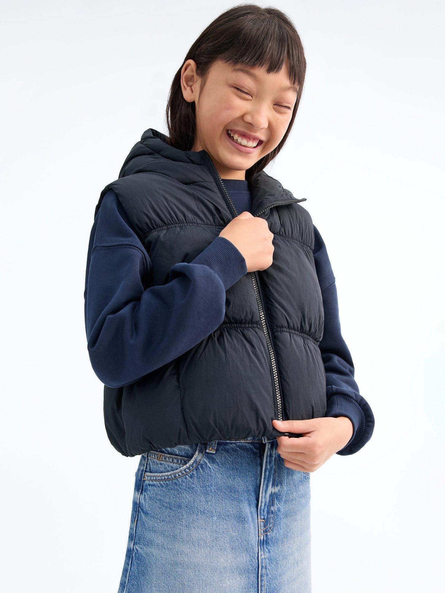 Product image 5 of 6, which shows Mango Kids' Luisa Hooded Sleeveless Gilet, Navy, 7-8 years