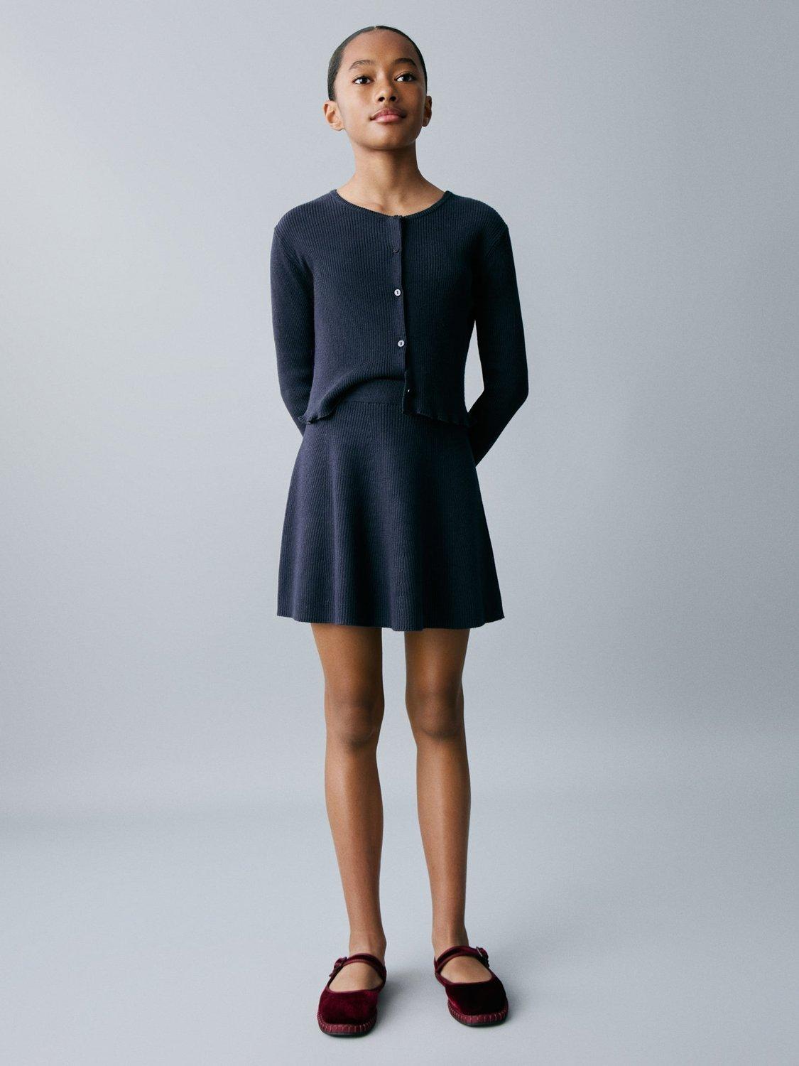Product image 2 of 7, which shows Mango Kids' Libra Cotton Rich Flared Mini Skirt, Navy, 11-12 years