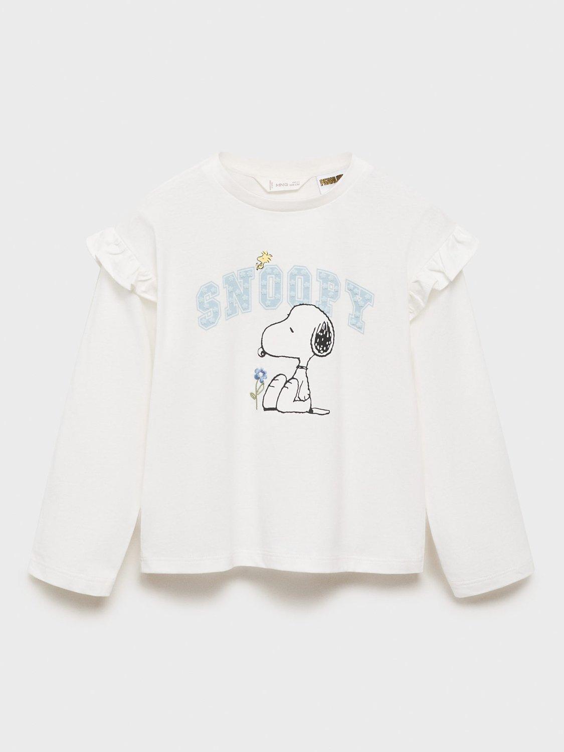 Mango Kids' Cotton Long Sleeved Snoopy T-Shirt, Natural White - Main Image