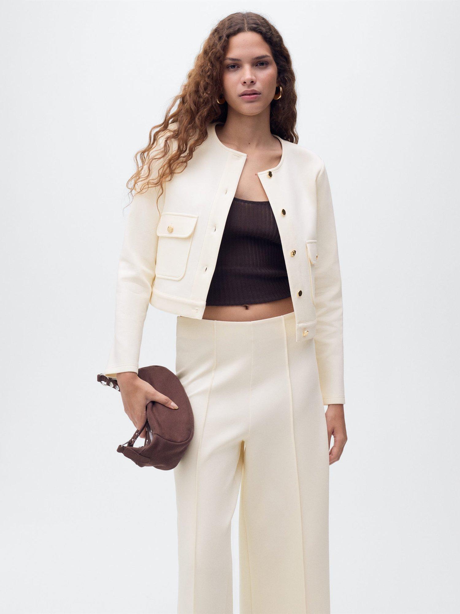 Product image 1 of 8, which shows Mango Pocket Detail Cropped Jacket, Light Beige, M