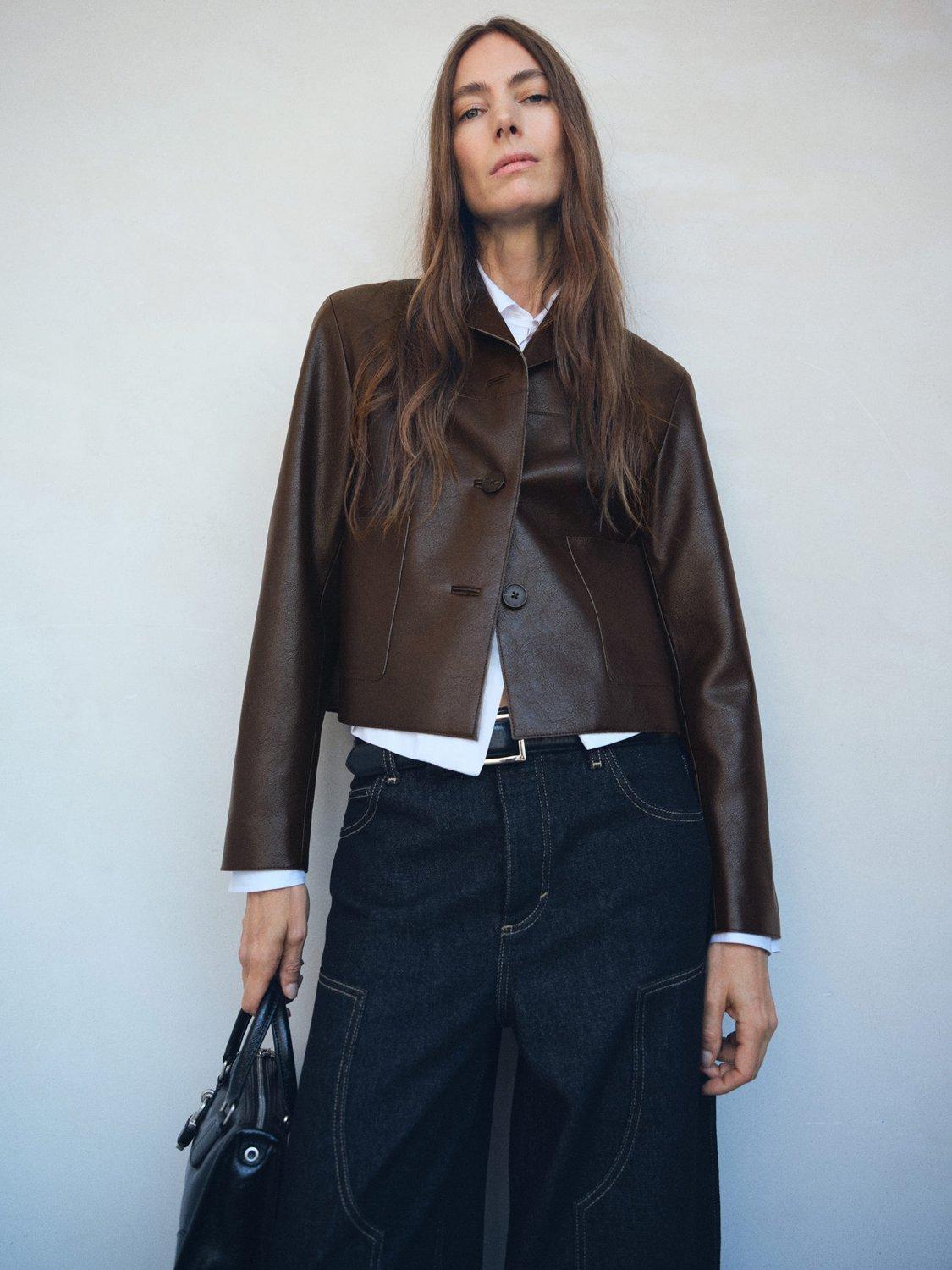 Product image 1 of 7, which shows Mango Sabi Faux Leather Jacket , Dark Brown, XXXL