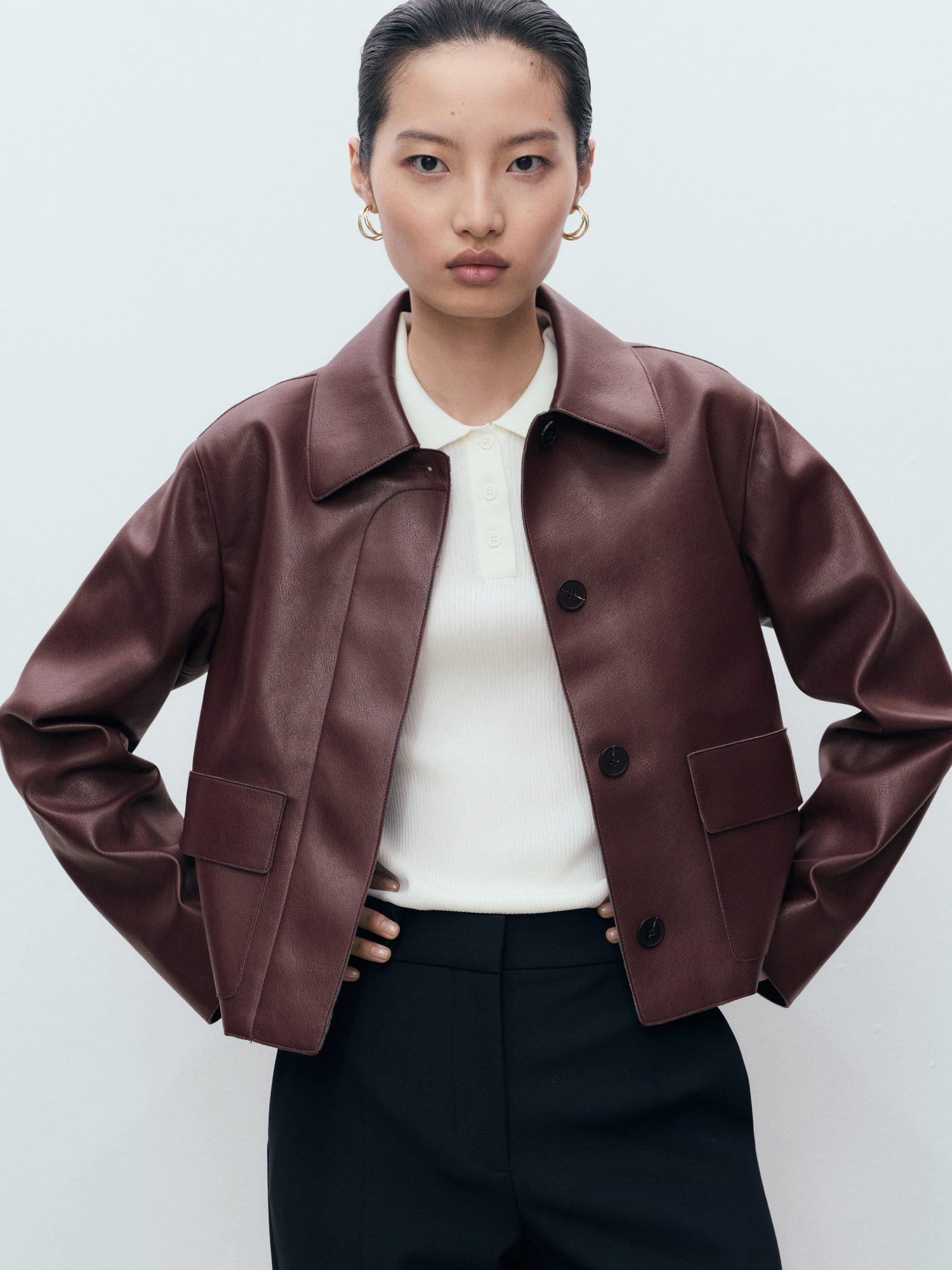 Product image 1 of 9, which shows Mango Sabina Faux Leather Jacket, Dark Red, XXXL